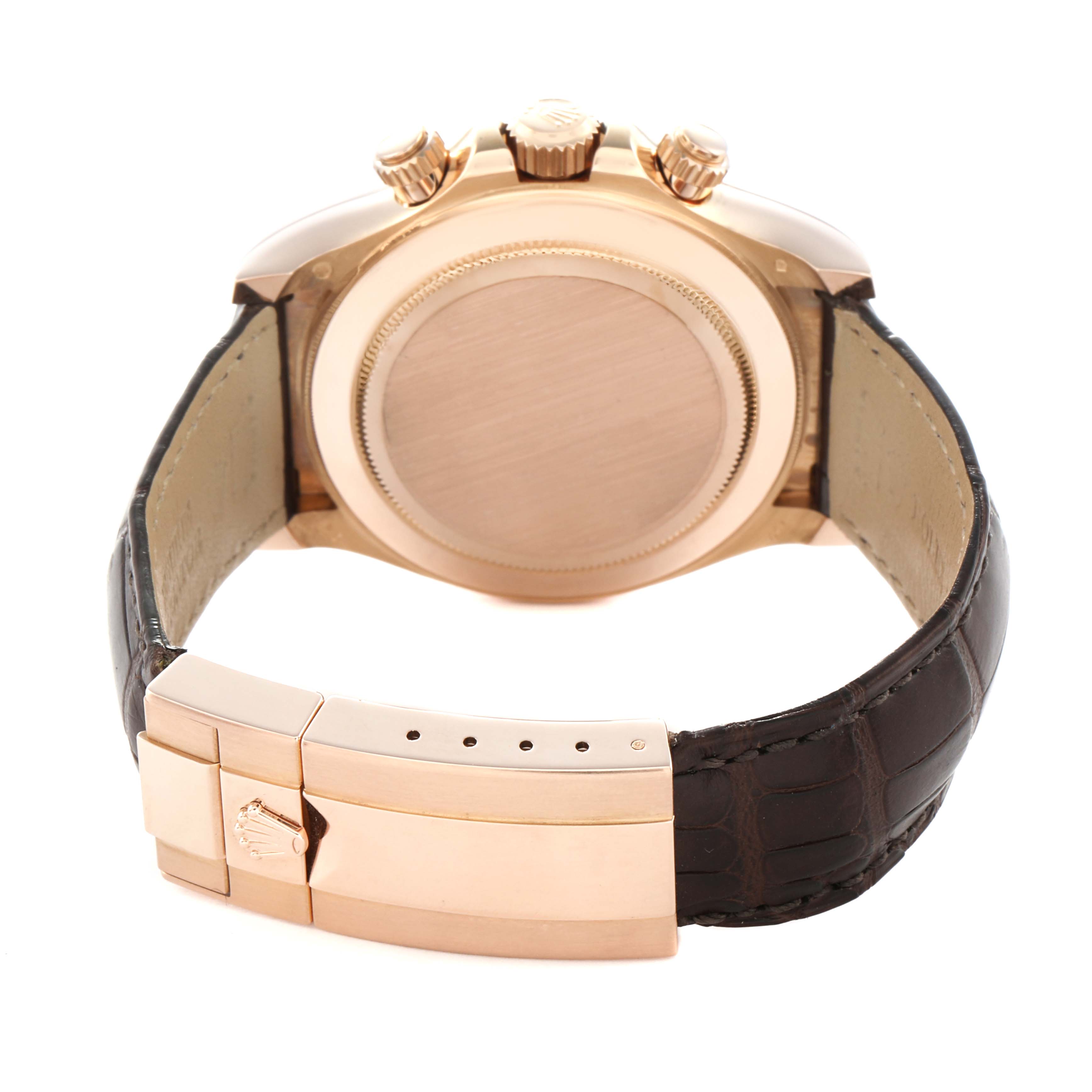 This image shows the back view of a Rolex Daytona 116515LN Men
s Rose Gold Brown Dial watch, highlighting its clasp, case back, and leather strap.