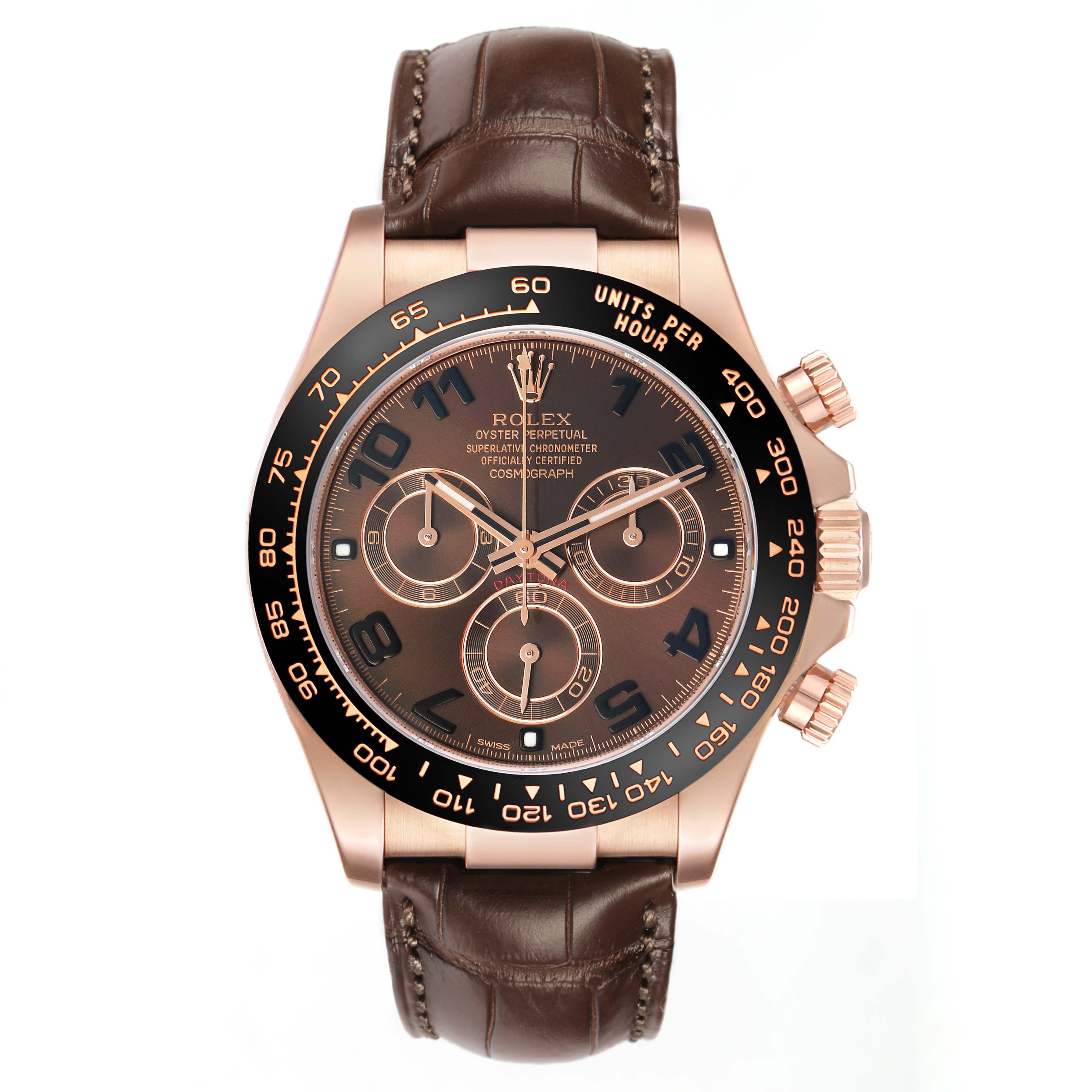 The Rolex Daytona 116515LN Men
s Rose Gold Brown Dial watch is shown from a front angle, highlighting the dial, bezel, and leather strap.