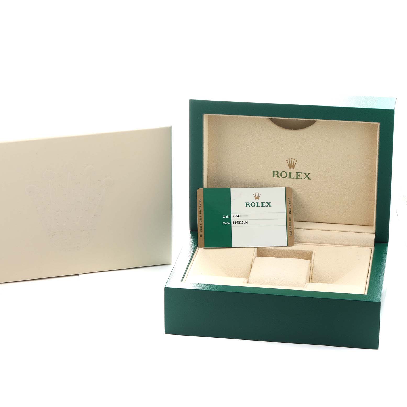 The image shows an open Rolex Daytona 116515LN Men
s Rose Gold Brown Dial watch box with an Best Quality
ity card, seen from a front angle.