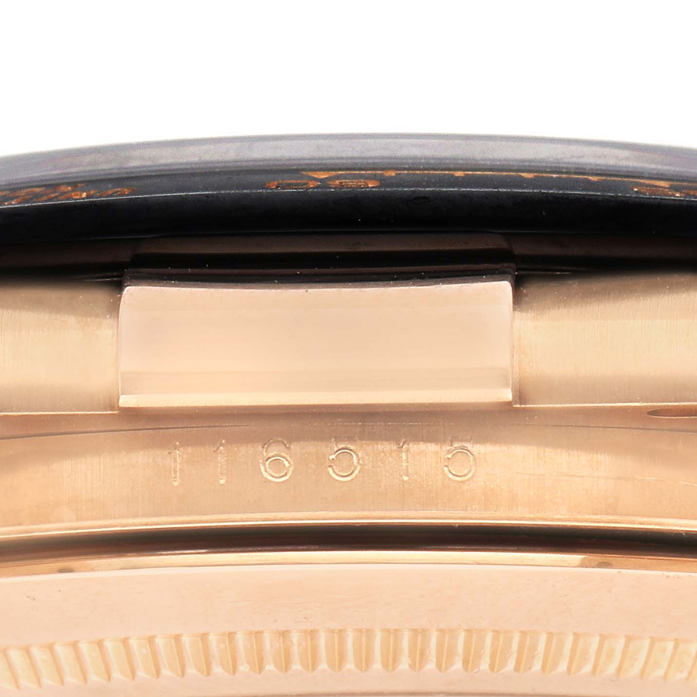 The image displays a close-up view of the side of the Rolex Daytona 116515LN Men
s Rose Gold Brown Dial watch, focusing on the case and bezel area.