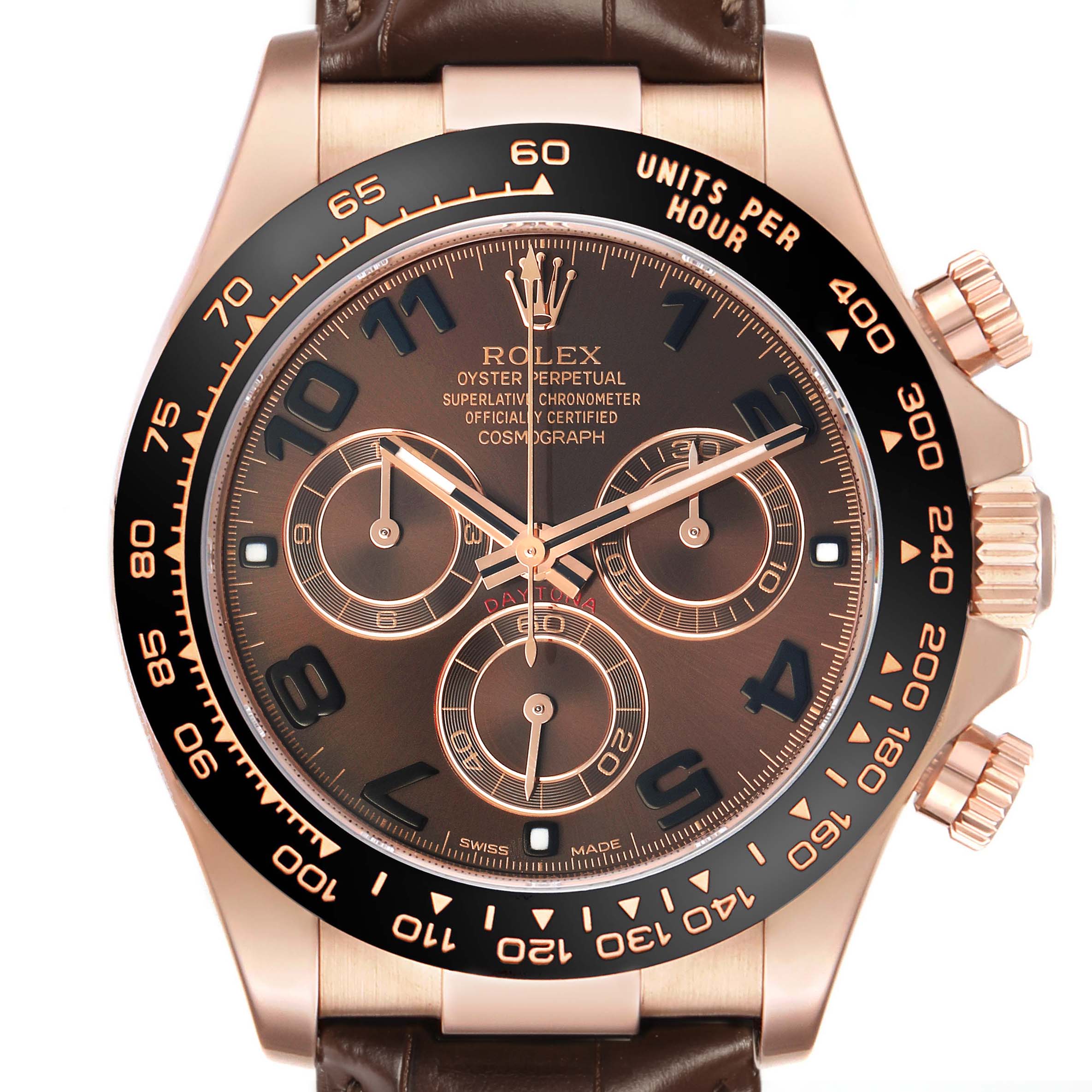 The image shows a close-up of the Rolex Daytona 116515LN Men
s Rose Gold Brown Dial watch, displaying its dial, chronograph subdials, bezel, crown, and part of the leather strap.