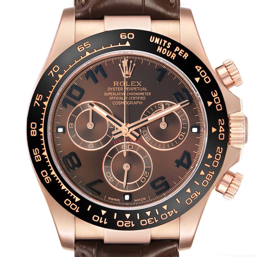 The image shows a close-up of the Rolex Daytona 116515LN Men's Rose Gold Brown Dial watch, displaying its dial, chronograph subdials, bezel, crown, and part of the leather strap.