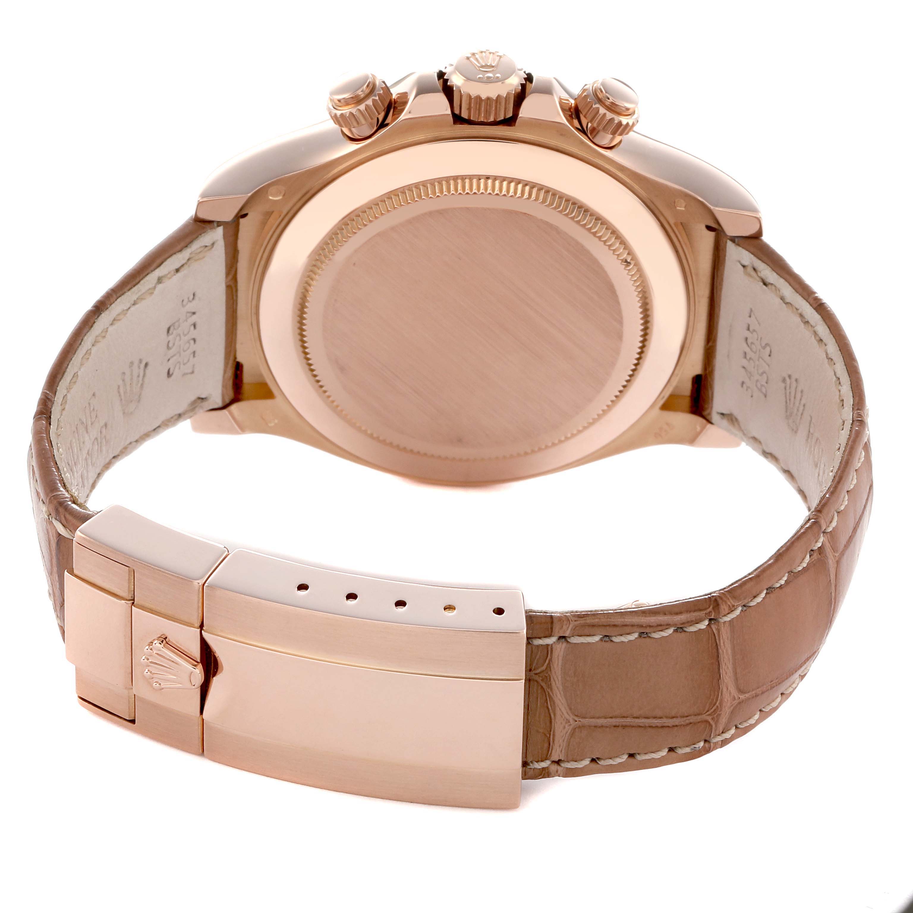 The image shows the back of the Rolex Daytona 116515LN Men
s Rose Gold Pink Dial, highlighting the case, crown, pushers, and a leather strap with a clasp.