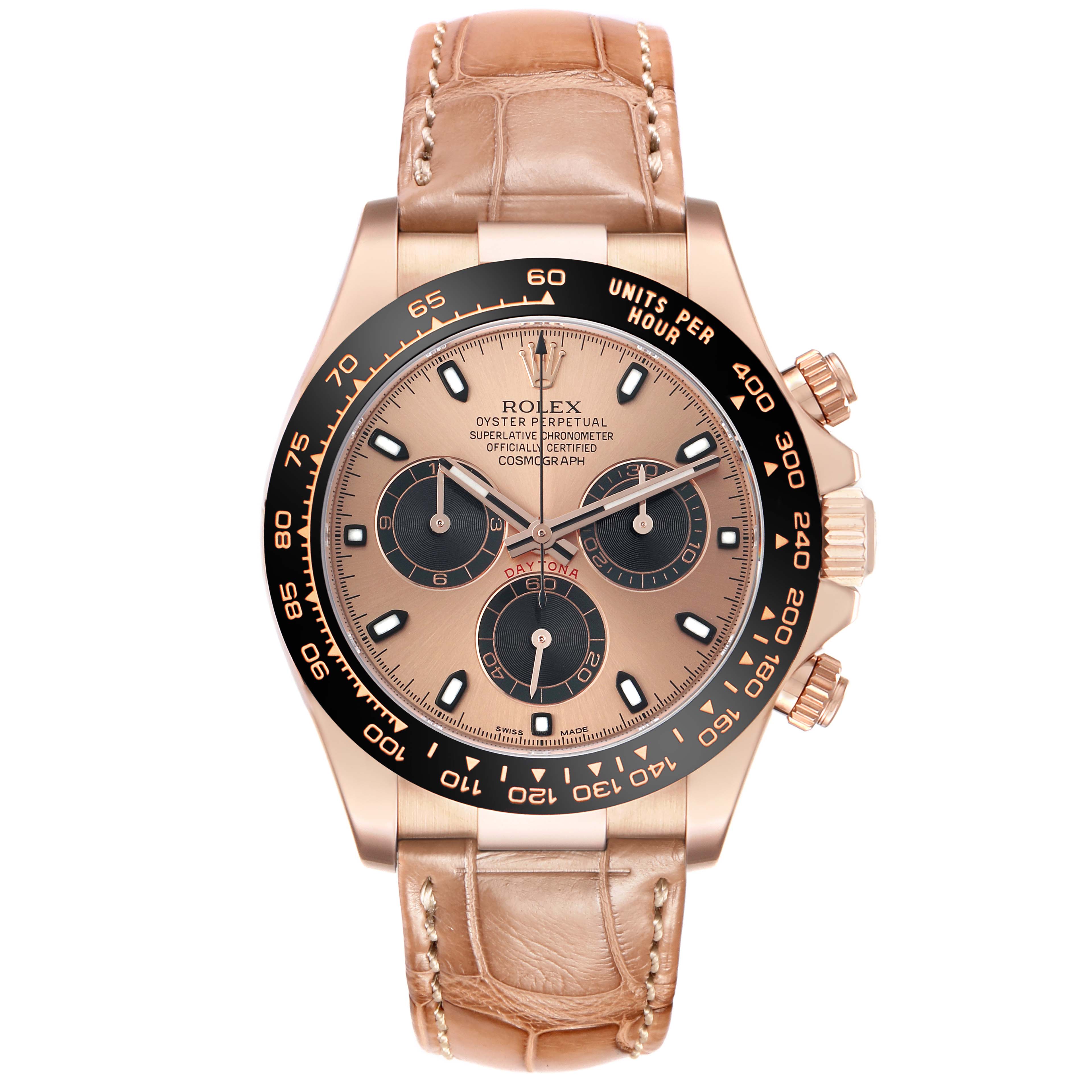 The Rolex Daytona 116515LN Men
s Rose Gold Pink Dial watch is shown from a front angle, displaying the dial, bezel, crown, and leather strap.