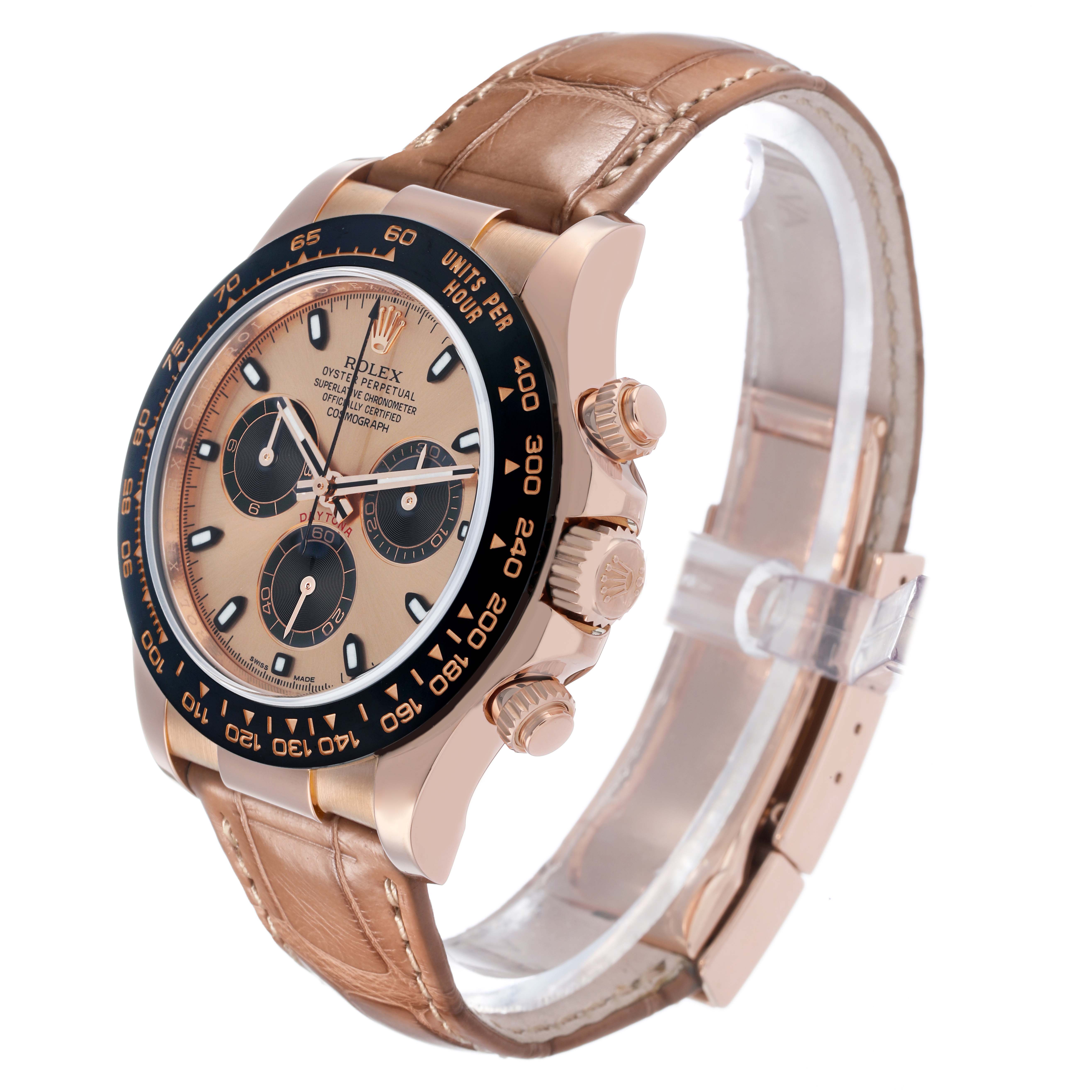 The Rolex Daytona 116515LN Men
s Rose Gold Pink Dial watch is shown at an angle highlighting the dial, bezel, side buttons, and leather strap.
