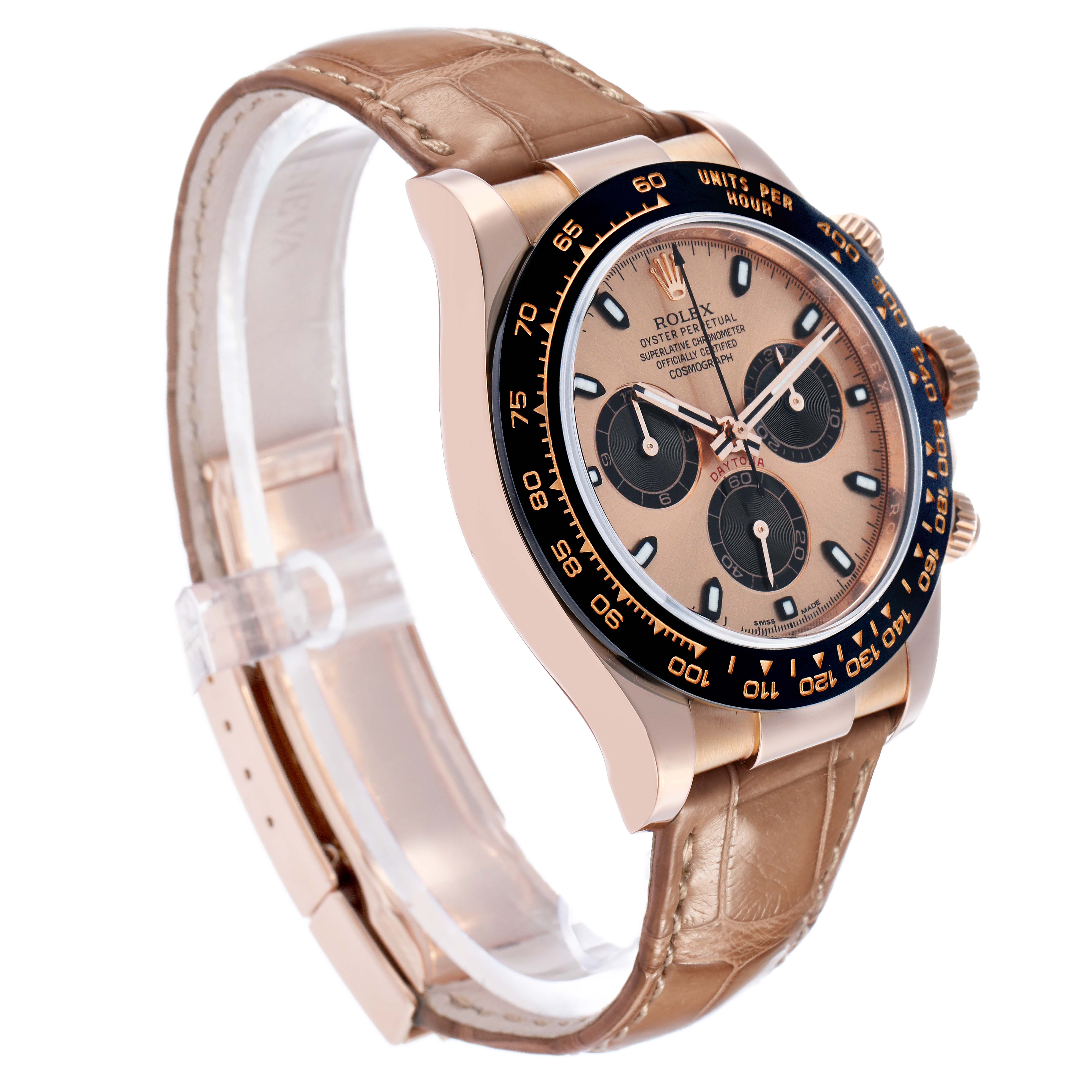 The Rolex Daytona 116515LN Men
s Rose Gold Pink Dial model is shown at a side angle, highlighting the bezel, dial, and leather strap.