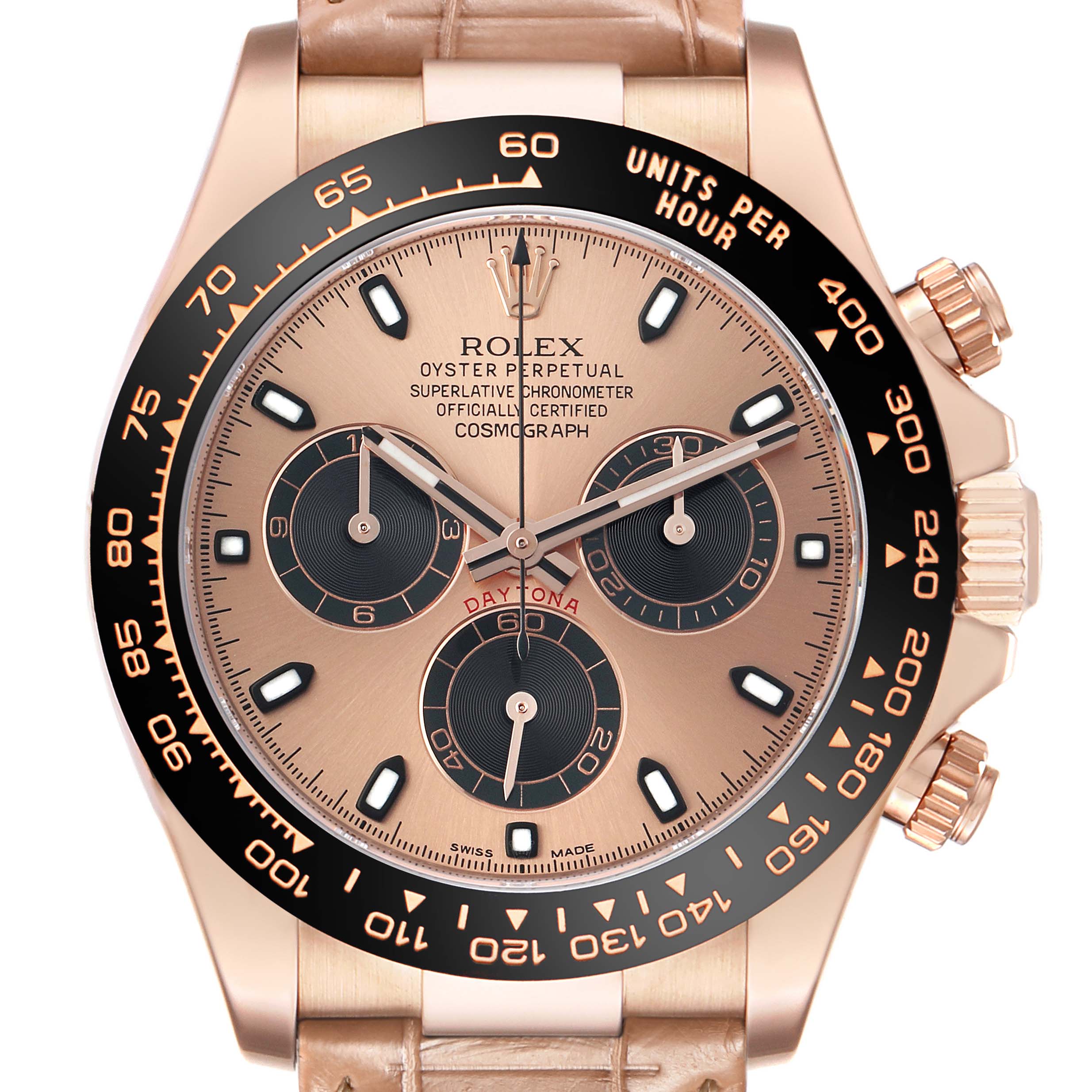 The Rolex Daytona 116515LN Men
s Rose Gold Pink Dial watch is shown from the front, highlighting the dial, subdials, bezel, and pushers.
