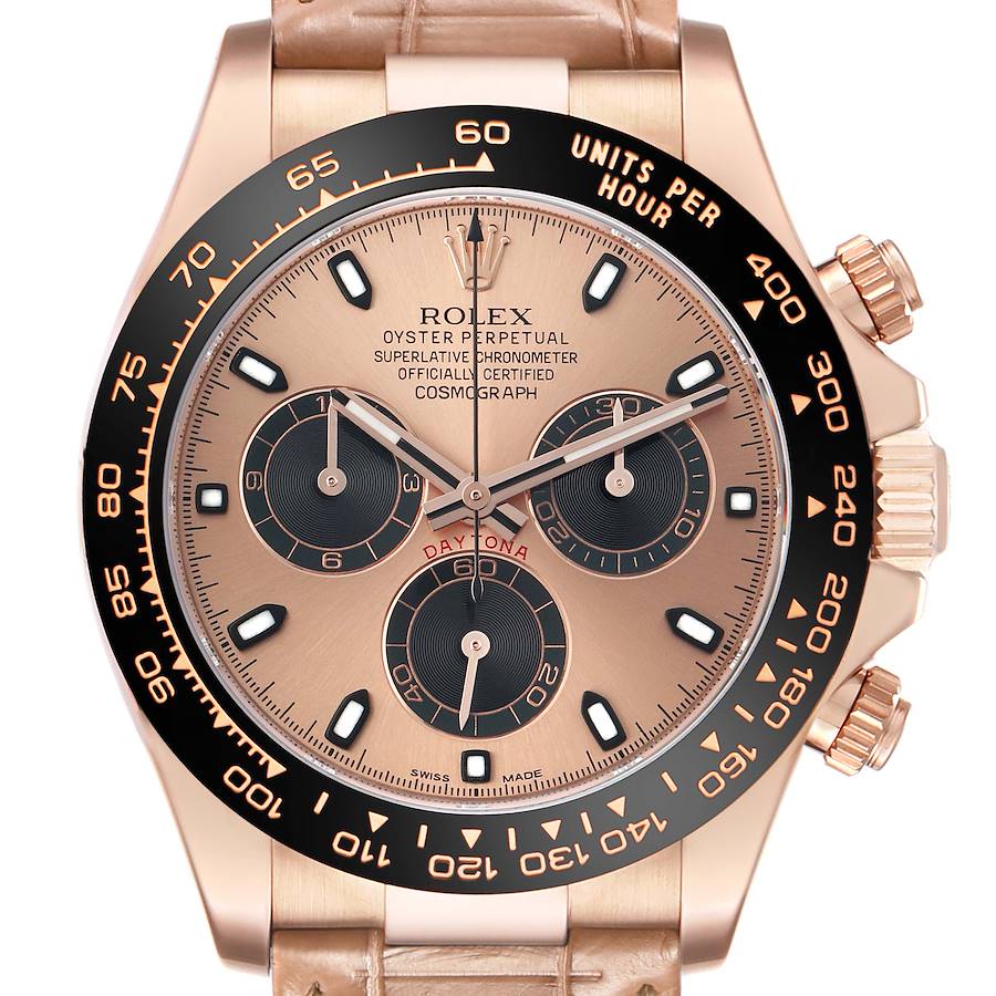 The Rolex Daytona 116515LN Men's Rose Gold Pink Dial watch is shown from the front, highlighting the dial, subdials, bezel, and pushers.