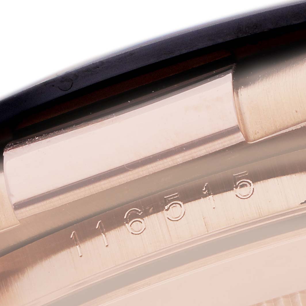 The image shows a close-up of a Rolex Daytona 116515LN Men
s Rose Gold Pink Dial
s case with part of the reference number visible.