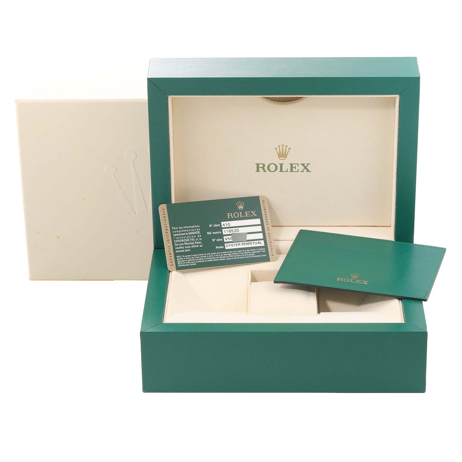 The image shows the packaging, Best Quality
ation card, and booklet of a Rolex Daytona 116520 Men
s Stainless Steel White Dial 116520 Men
s Stainless Steel White Dial watch from a frontal angle.