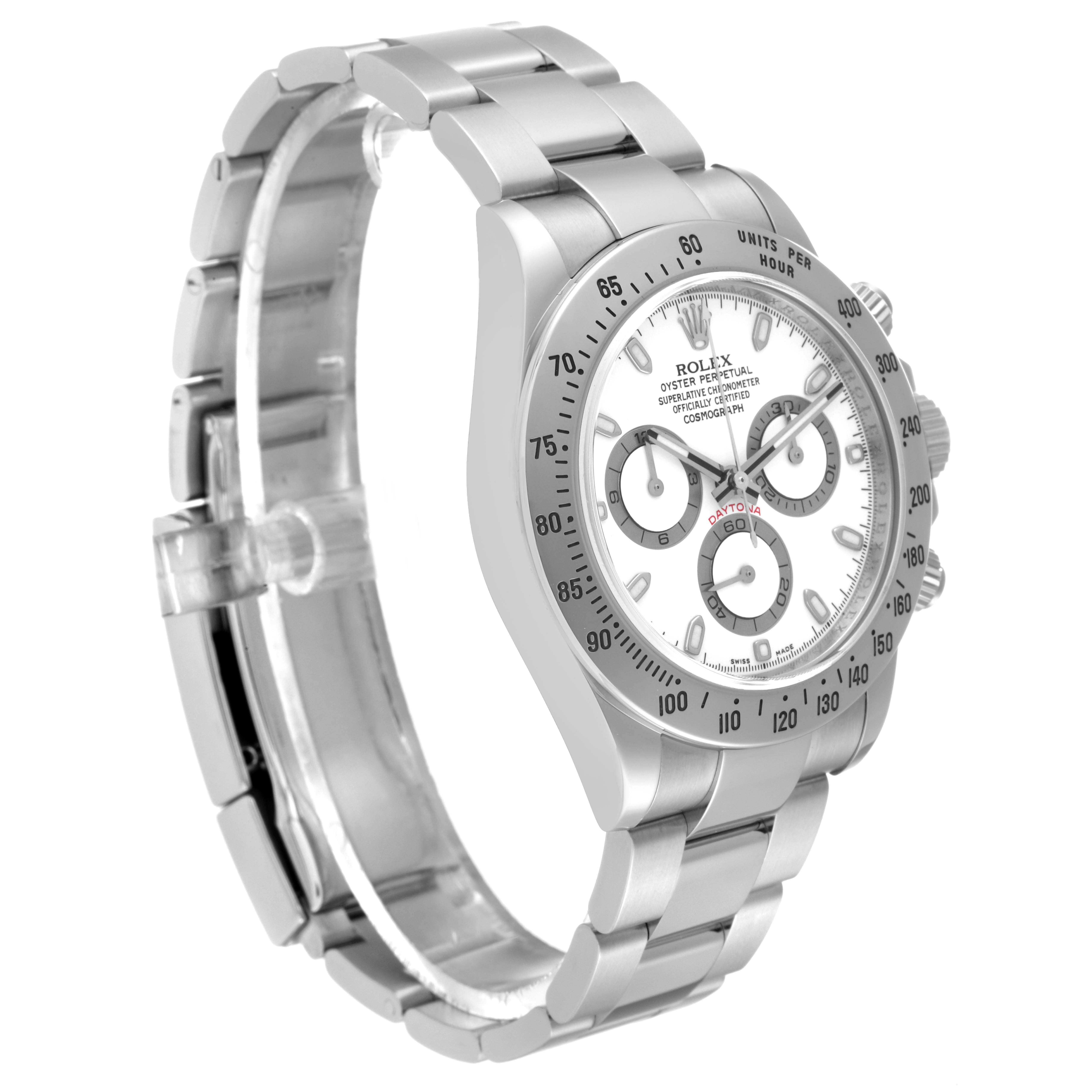 This image shows a Rolex Daytona 116520 Men
s Stainless Steel White Dial 116520 Men
s Stainless Steel White Dial watch from a side angle highlighting the watch face, bracelet, and clasp.