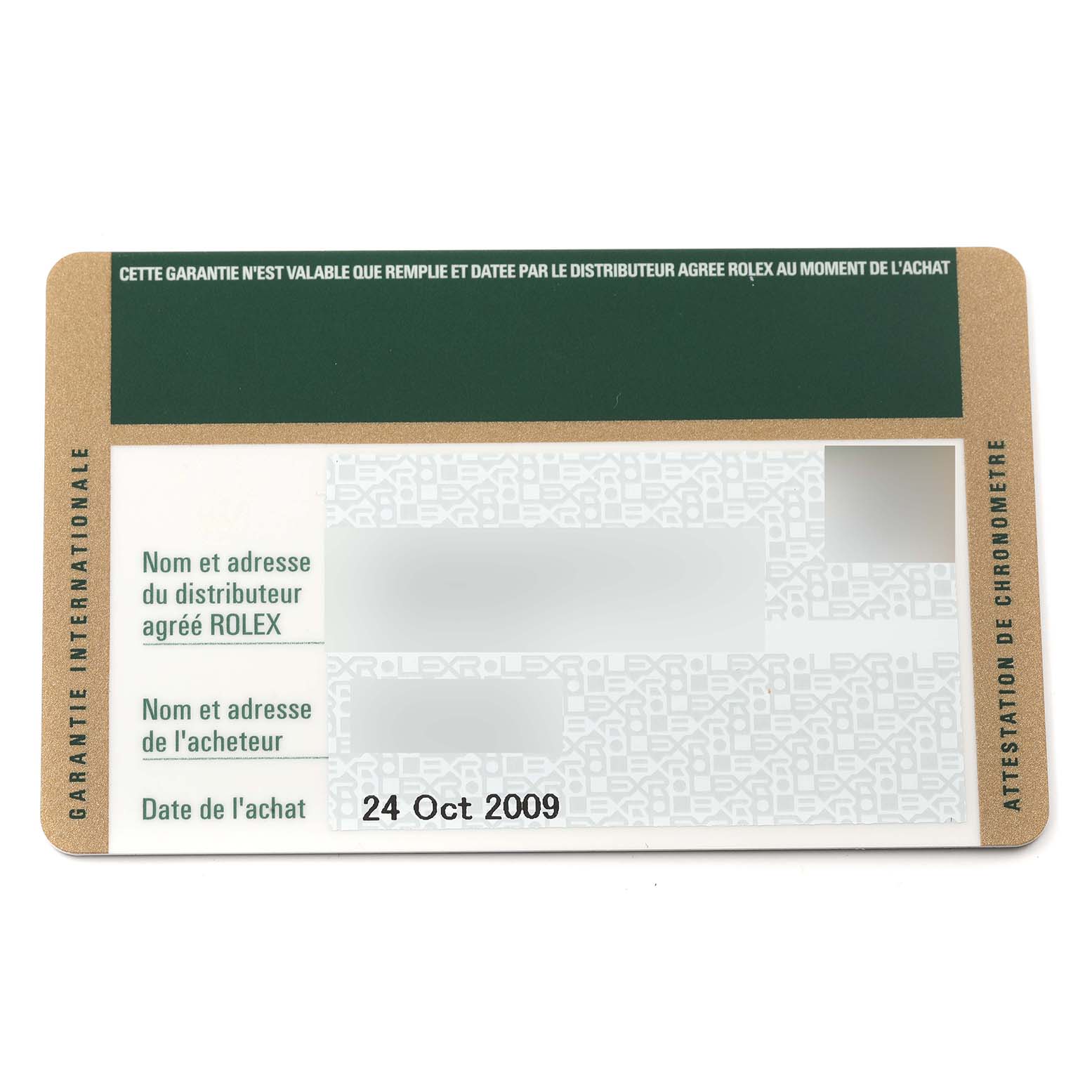 The image shows the warranty card for the Rolex Daytona 116520 Men
s Stainless Steel White Dial 116520 Men
s Stainless Steel White Dial watch, captured from above.