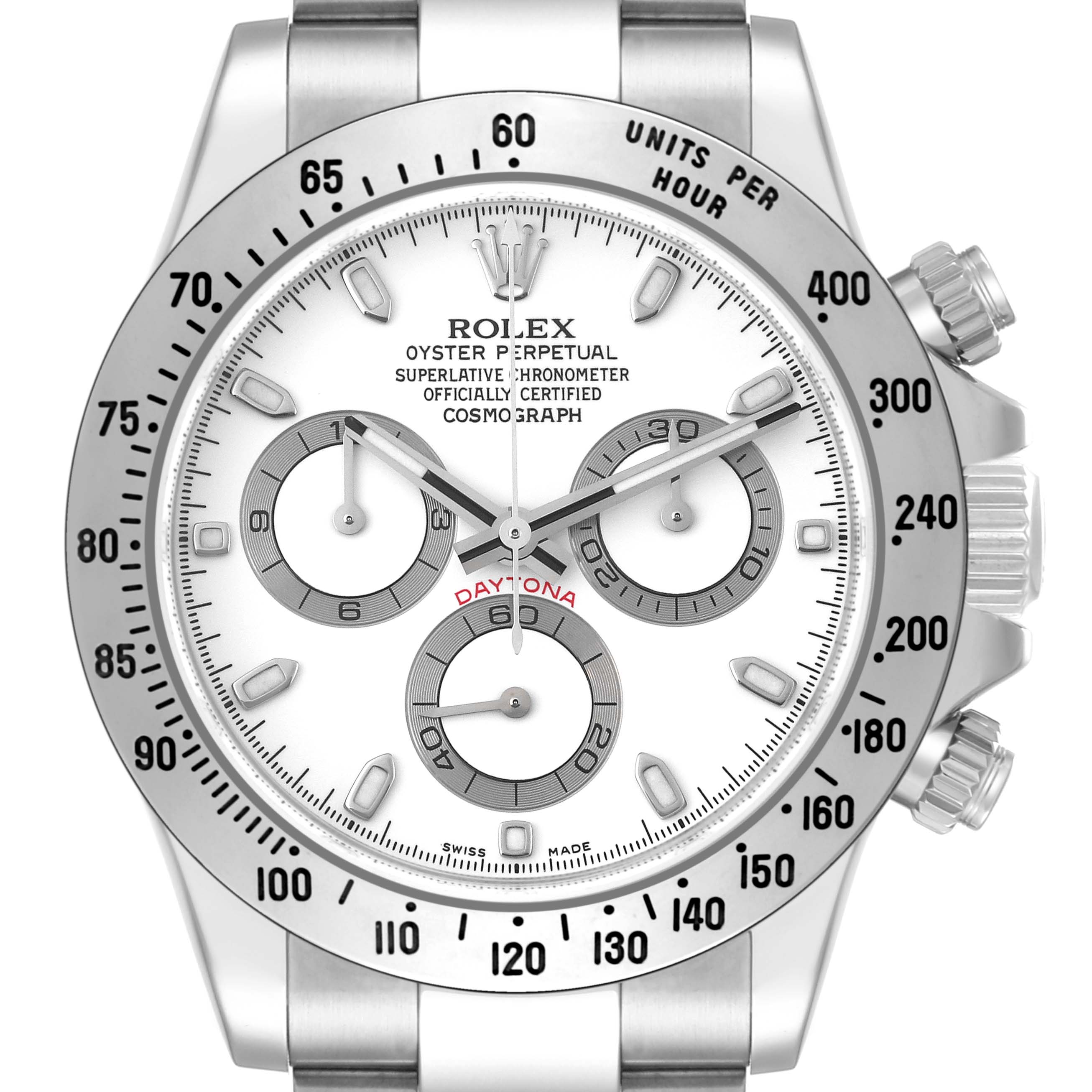 The Rolex Daytona 116520 Men
s Stainless Steel White Dial 116520 Men
s Stainless Steel White Dial watch is shown from a front angle, highlighting the dial, bezel, and chronograph subdials.