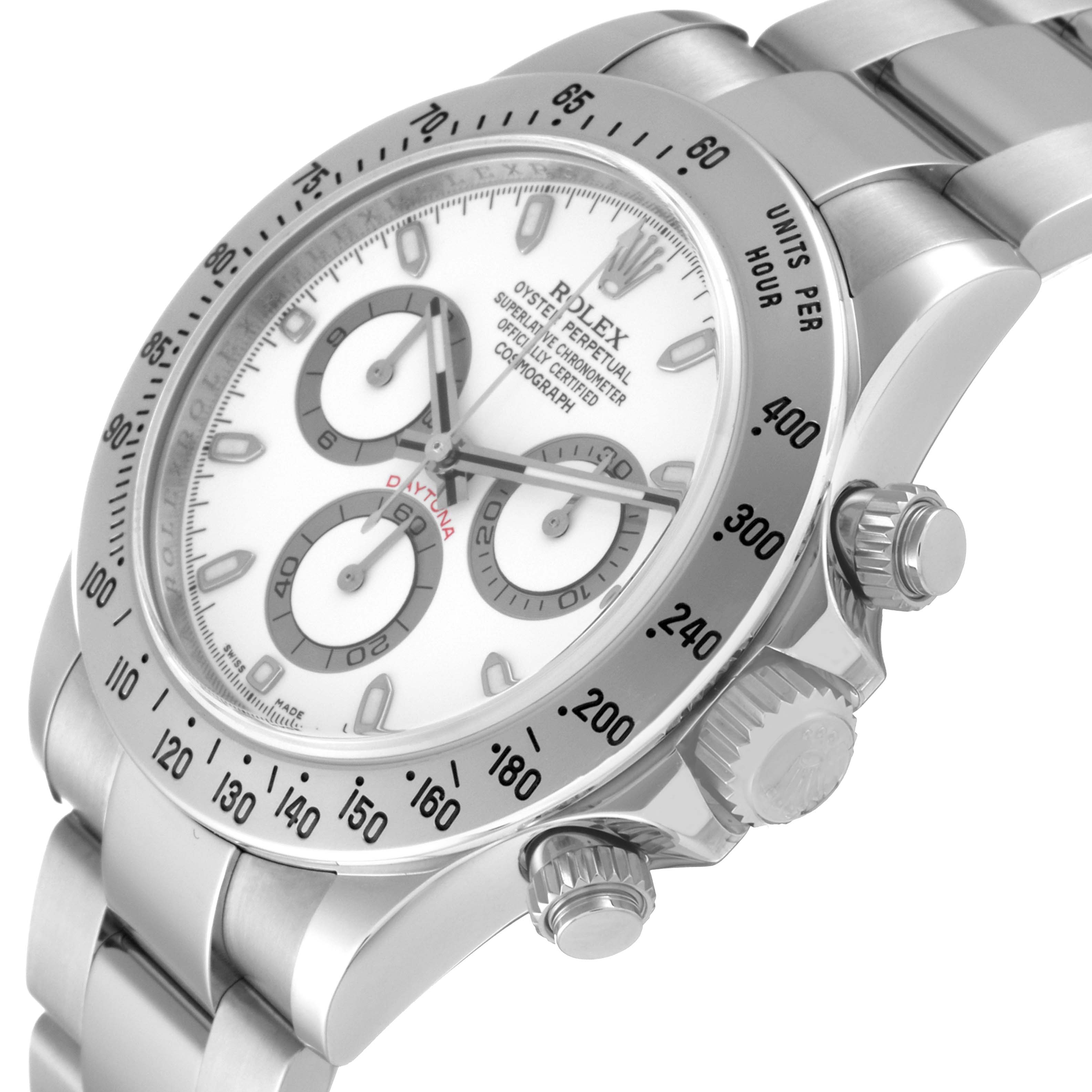 The image shows a close-up angle of a Rolex Daytona 116520 Men
s Stainless Steel White Dial 116520 Men
s Stainless Steel White Dial watch, highlighting the dial, bezel, pushers, and part of the bracelet.