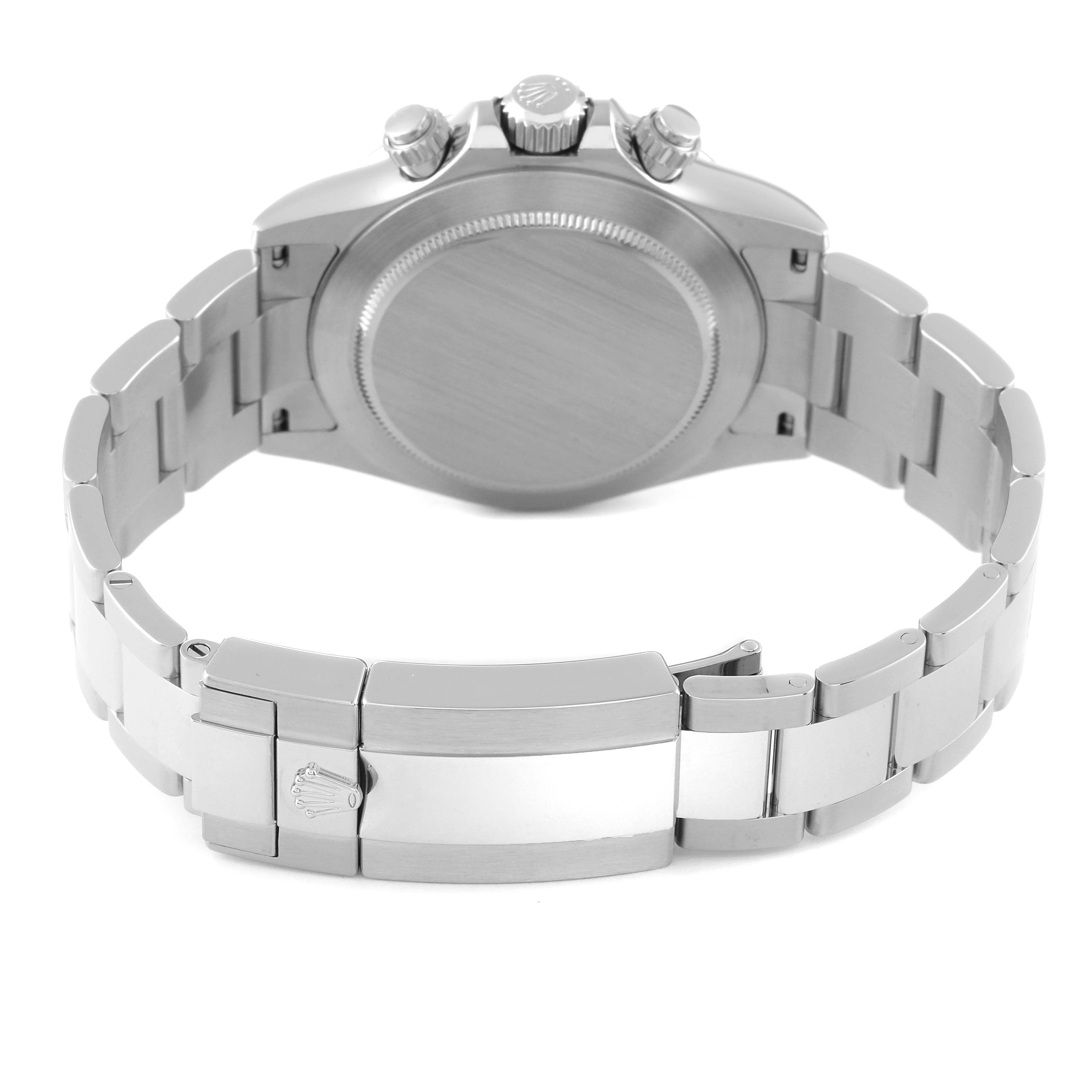 The image shows the back view of a Rolex Daytona 116520 Men
s Stainless Steel White Dial 116520 Men
s Stainless Steel White Dial watch, highlighting its case back, crown, pushers, and bracelet with clasp.