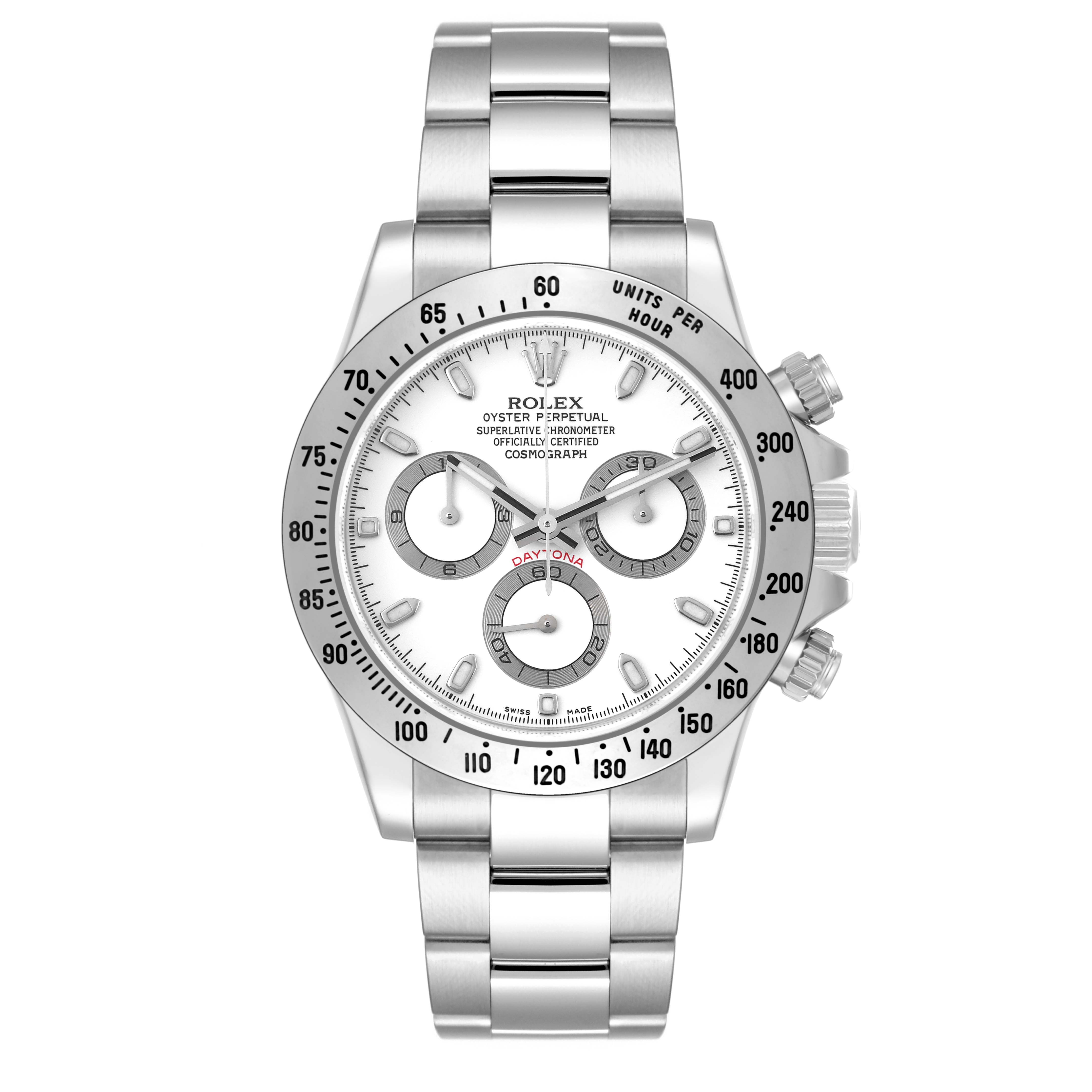 The image shows a front view of the Rolex Daytona 116520 Men
s Stainless Steel White Dial 116520 Men
s Stainless Steel White Dial watch, highlighting its bezel, dial, subdials, and bracelet.