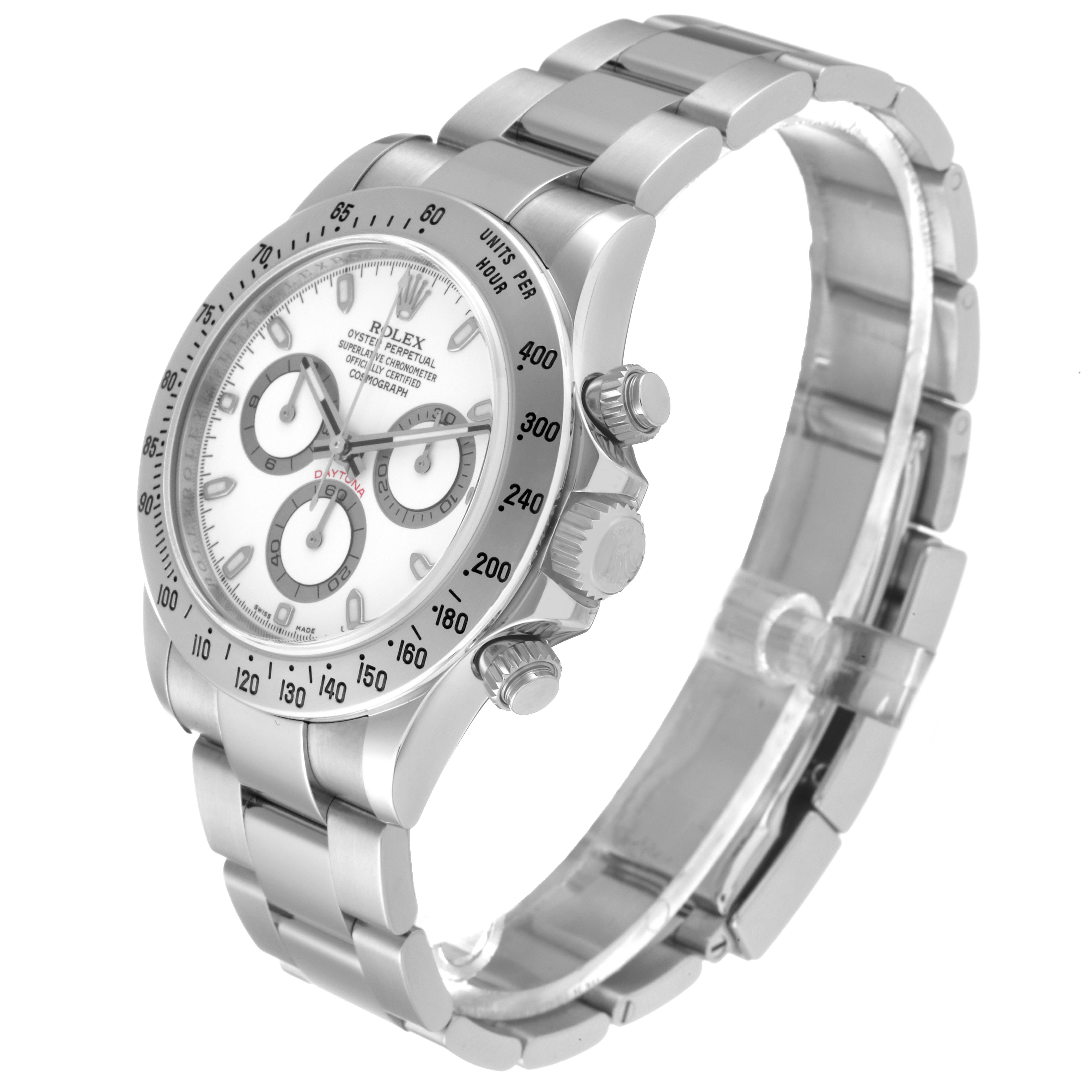 The image shows a Rolex Daytona 116520 Men
s Stainless Steel White Dial 116520 Men
s Stainless Steel White Dial watch at an angled side view, highlighting the face, bezel, crown, and part of the bracelet.