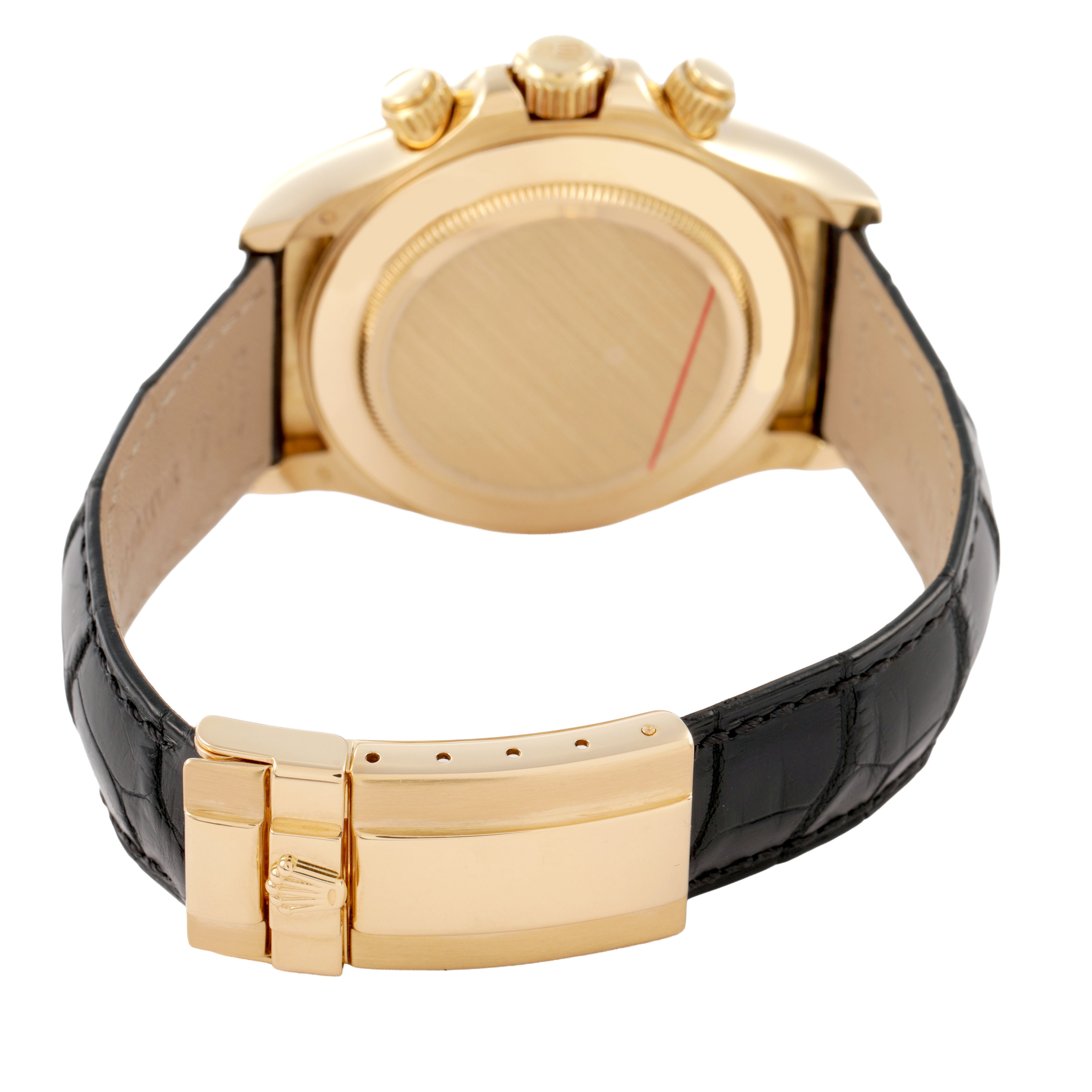 The image shows the back and clasp of the Rolex Daytona 116518 Men's Yellow Gold Mother of Pearl Dial, highlighting the gold case and black leather strap.