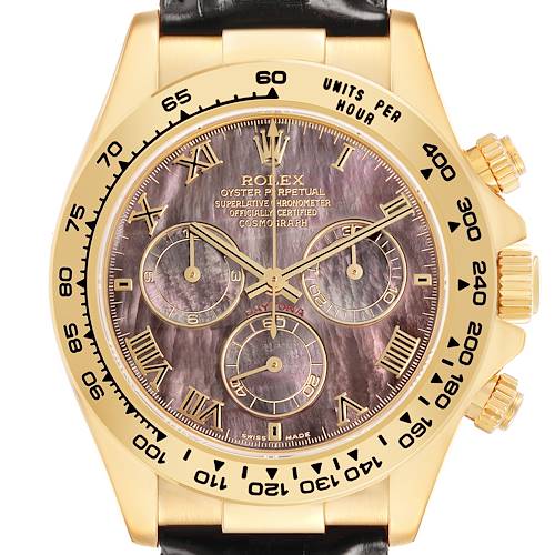 The Rolex Daytona 116518 Men's Yellow Gold Mother of Pearl Dial watch is shown from the front, highlighting its gold case, bezel, chronograph subdials, and leather strap.