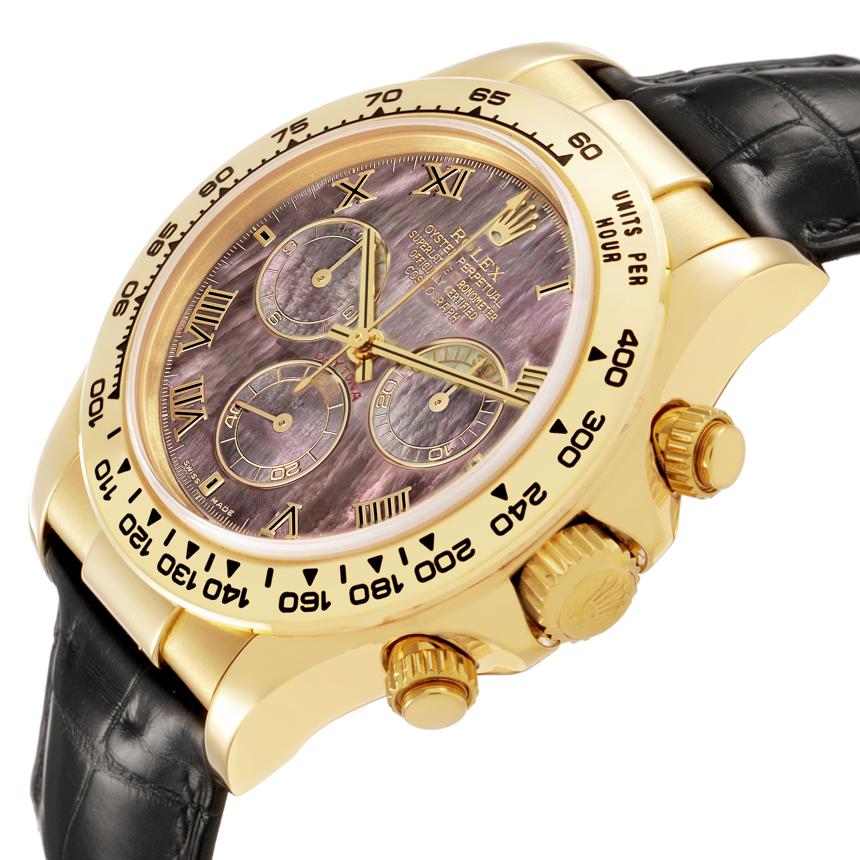 The Rolex Daytona 116518 Men's Yellow Gold Mother of Pearl Dial watch is shown at an angled view highlighting its case, bezel, dial, and pushers.