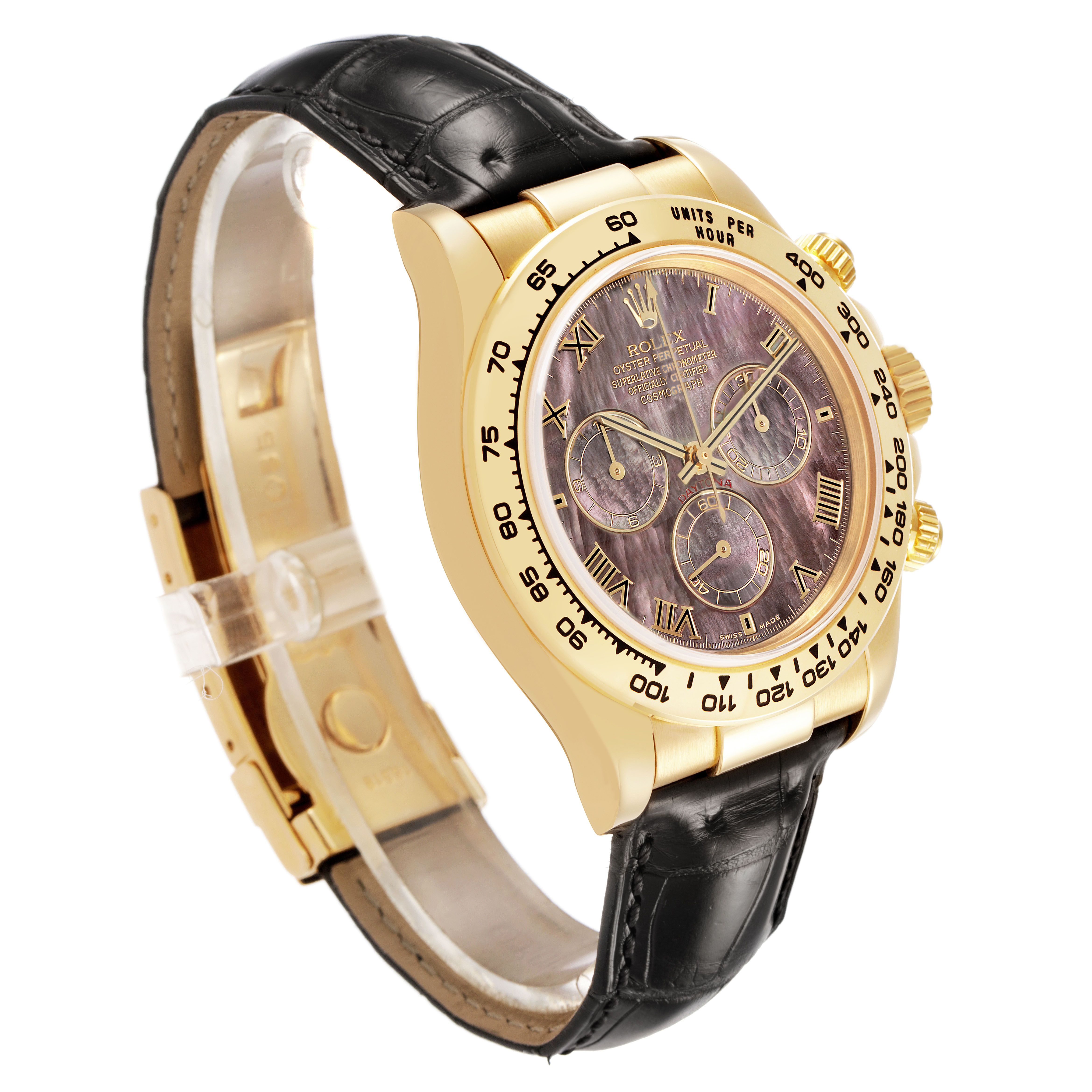 The Rolex Daytona 116518 Men's Yellow Gold Mother of Pearl Dial watch is shown at a three-quarter angle, highlighting its gold case, chronograph dials, and leather strap.