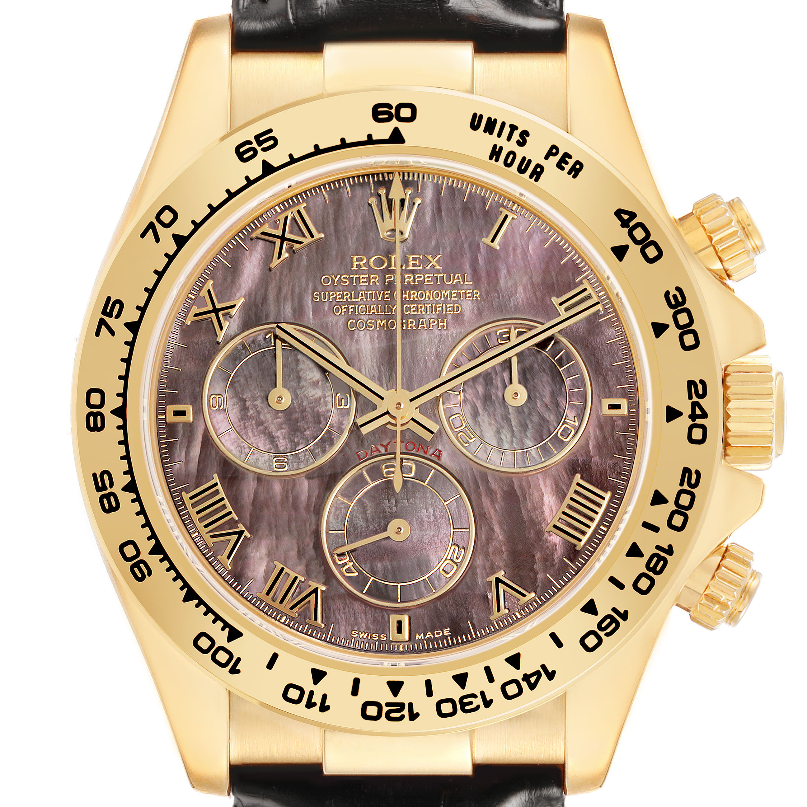 The Rolex Daytona 116518 Men's Yellow Gold Mother of Pearl Dial watch is shown from the front, highlighting its face, bezel, and crown with a gold case and black leather strap.