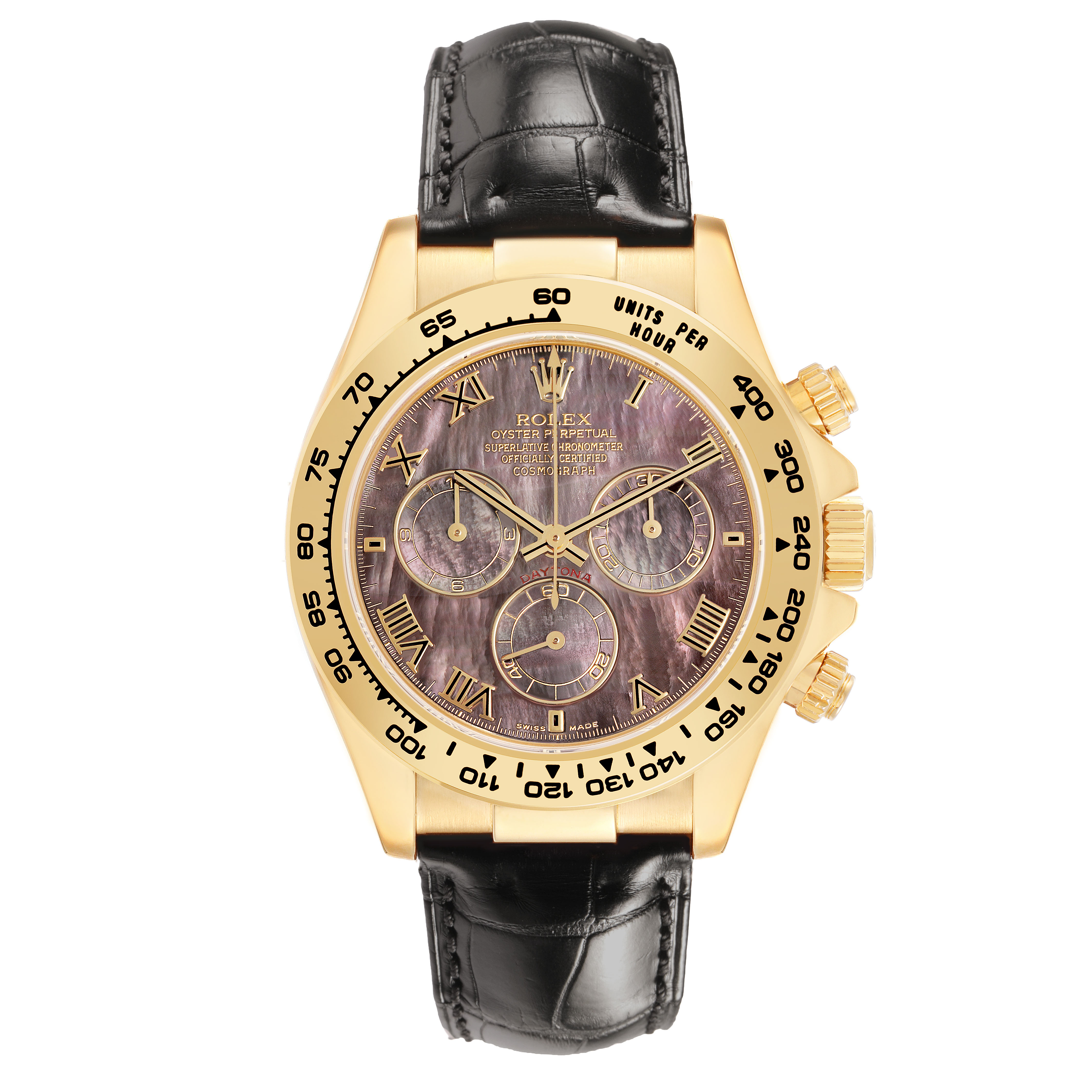 The Rolex Daytona 116518 Men's Yellow Gold Mother of Pearl Dial watch is shown from a front view, highlighting its gold case, dark dial, subdials, and black leather strap.