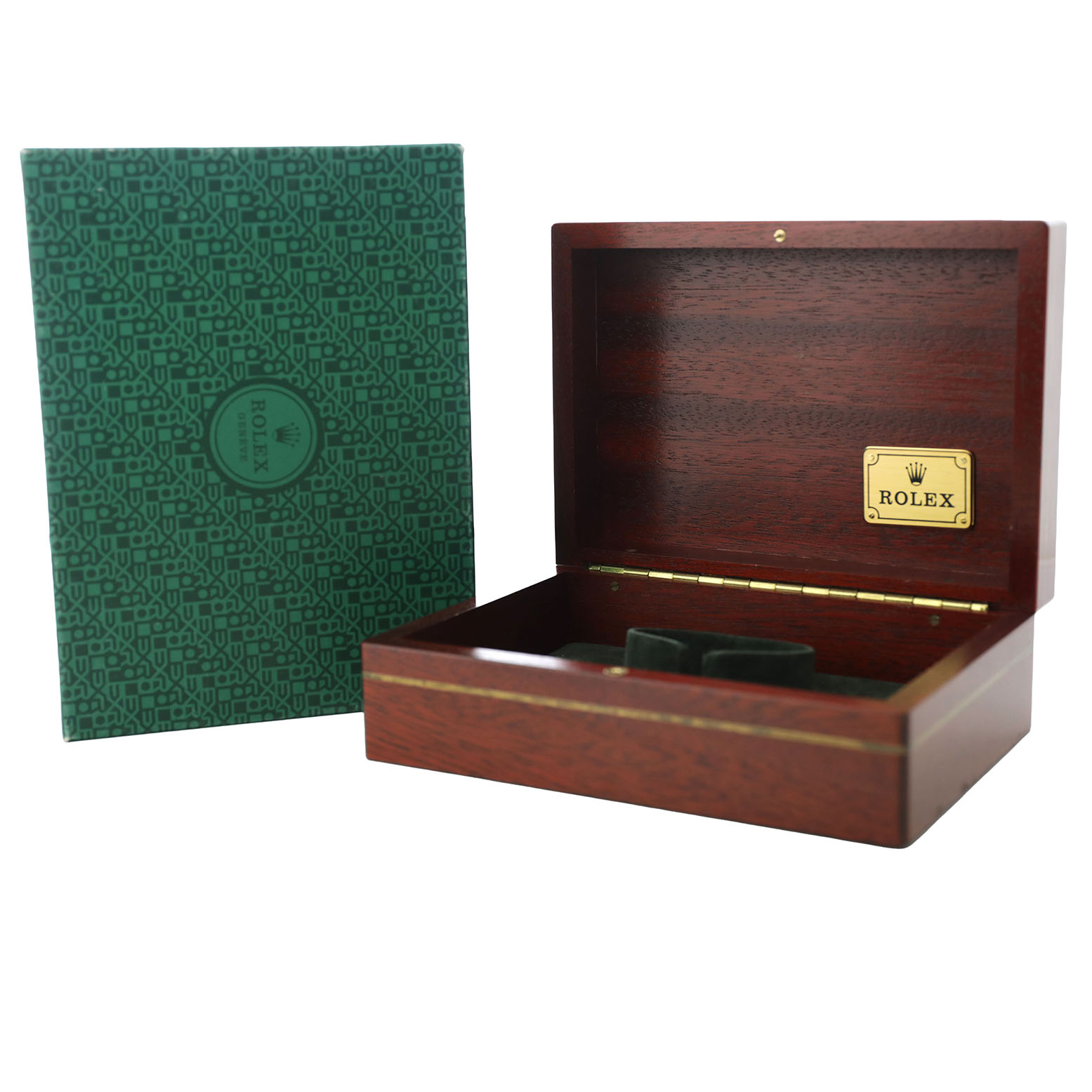 The image shows an open wooden box and a green cover for the Rolex Daytona 116518 Men's Yellow Gold Mother of Pearl Dial watch, featuring the brand logo inside.