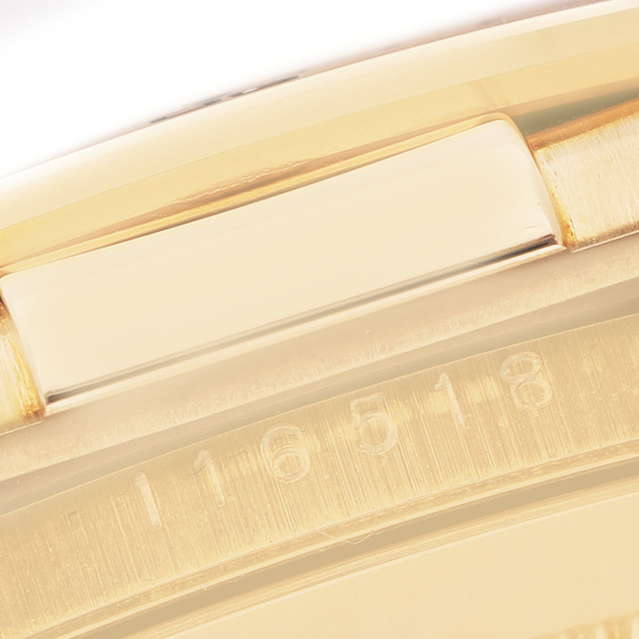 The image shows a close-up of the side and bezel of a Rolex Daytona 116518 Men's Yellow Gold Mother of Pearl Dial, highlighting the engraved model number.
