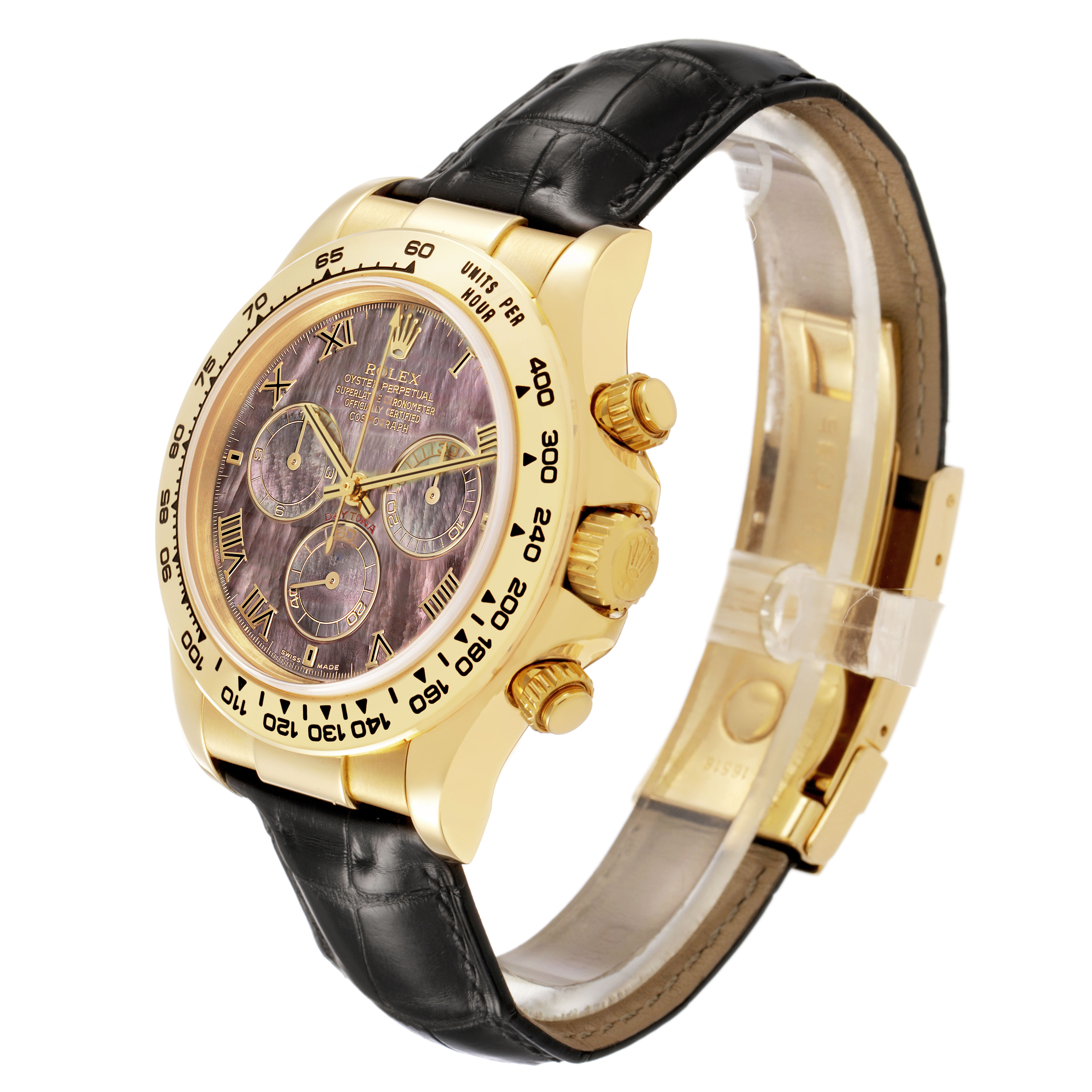 The image shows a Rolex Daytona 116518 Men's Yellow Gold Mother of Pearl Dial watch from a three-quarter angle, highlighting its dial, bezel, and leather strap.