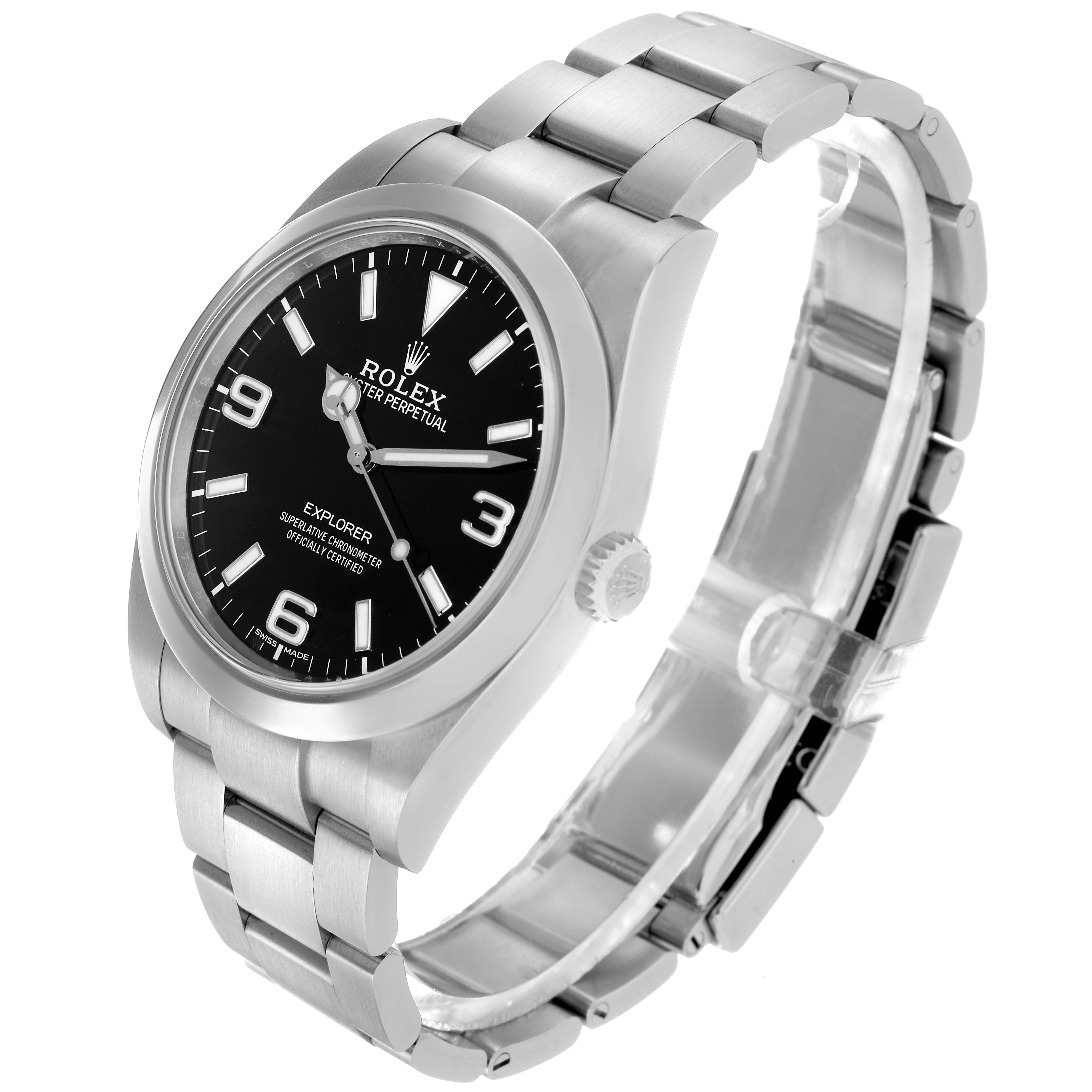 The Rolex Explorer 214270 Men's Stainless Steel Black Dial watch is shown at a slight angle, highlighting the face, bezel, crown, and bracelet.