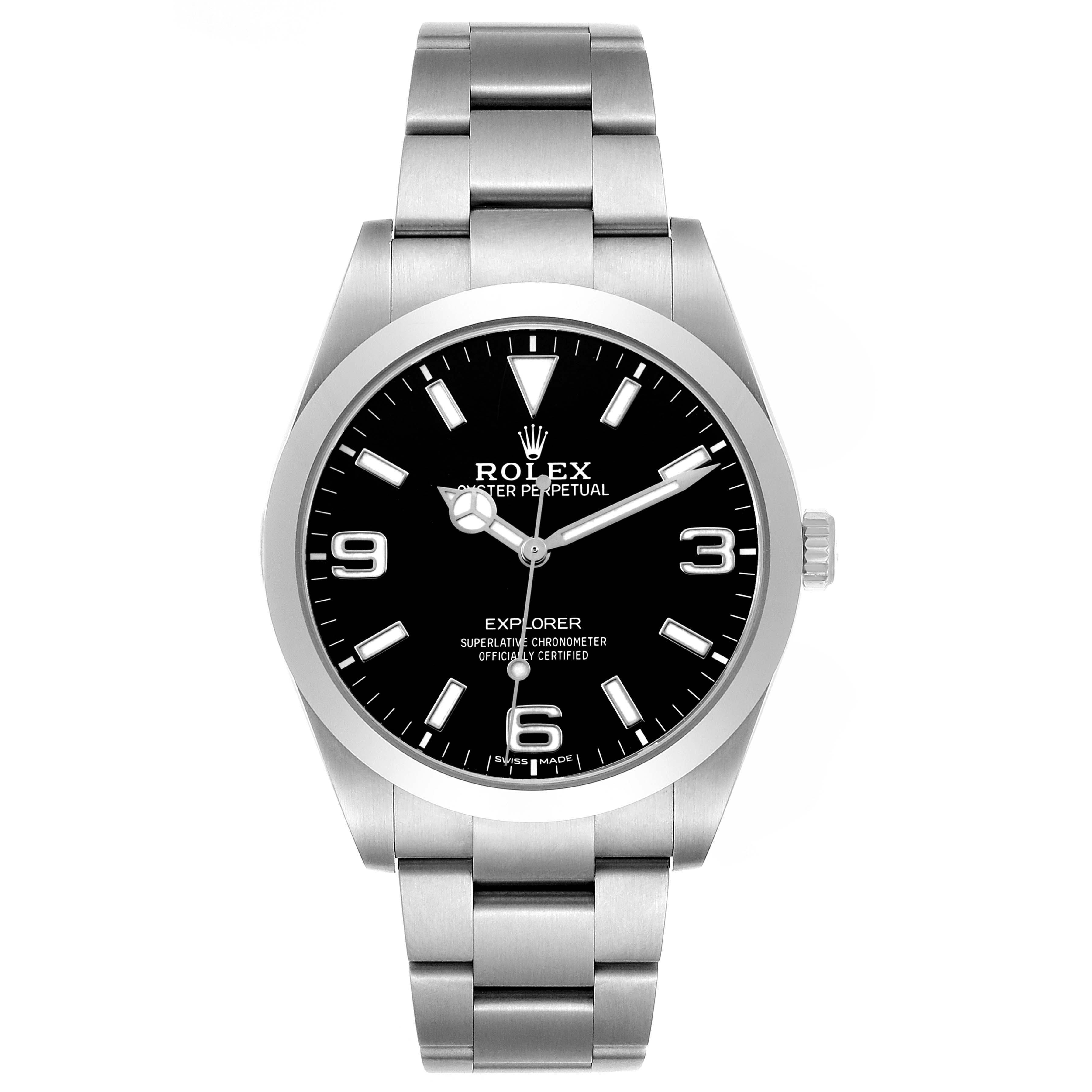 The Rolex Explorer 214270 Men's Stainless Steel Black Dial watch is shown from a front angle, displaying the black dial and stainless steel bracelet.