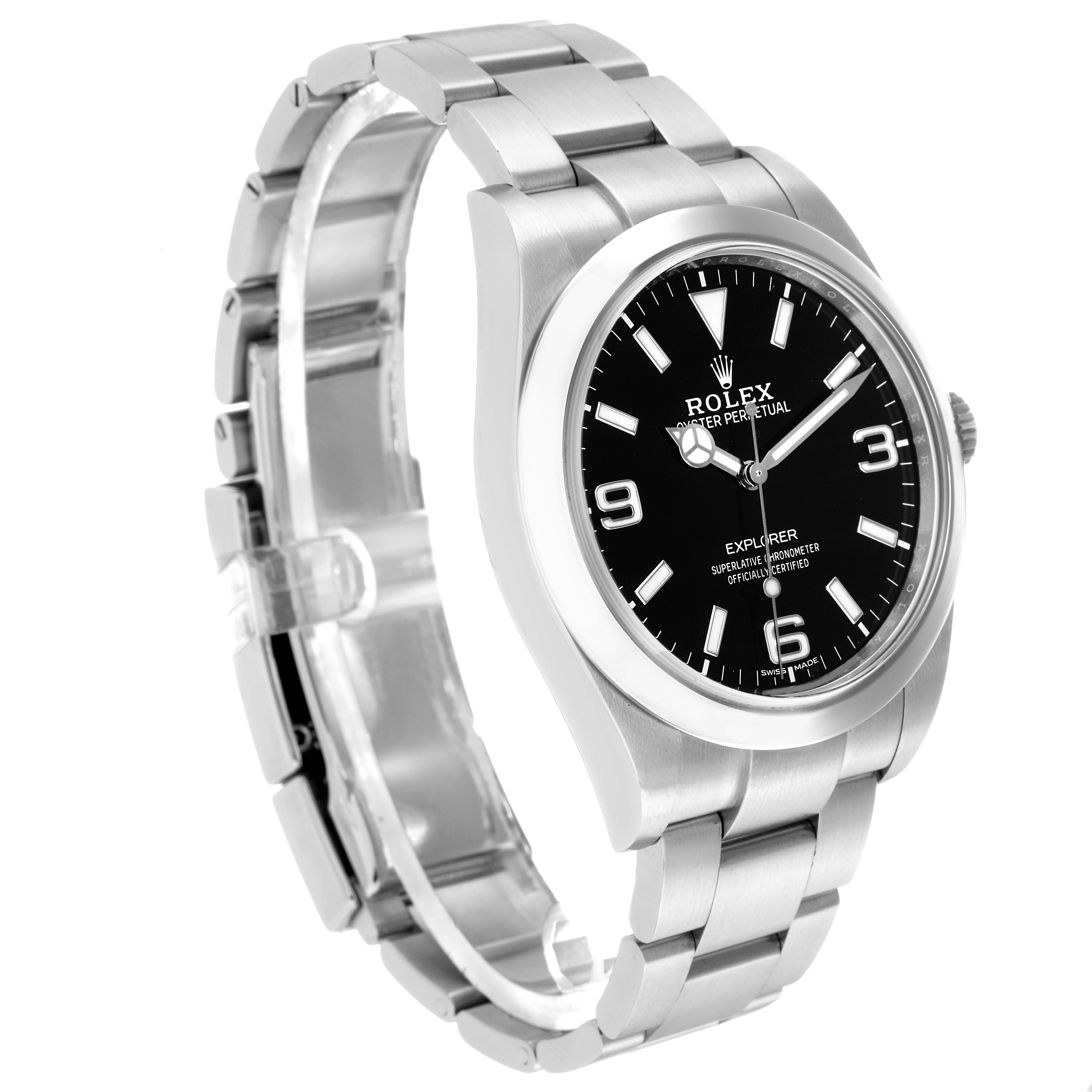 The Rolex Explorer 214270 Men's Stainless Steel Black Dial watch is shown at a three-quarter angle, highlighting the face, bezel, and bracelet.