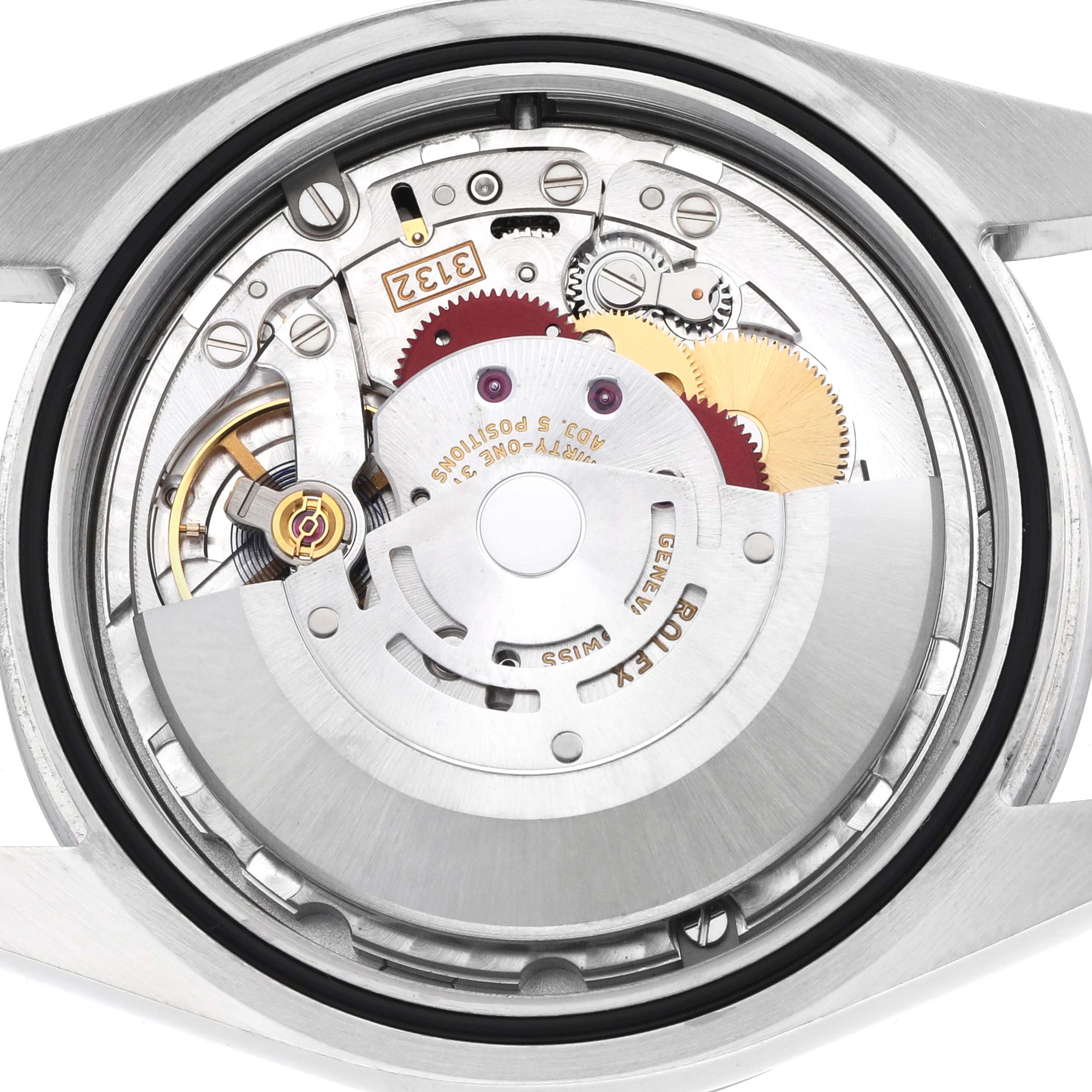 The image shows the movement and inner workings of a Rolex Explorer 214270 Men's Stainless Steel Black Dial watch from a back angle without the case back.