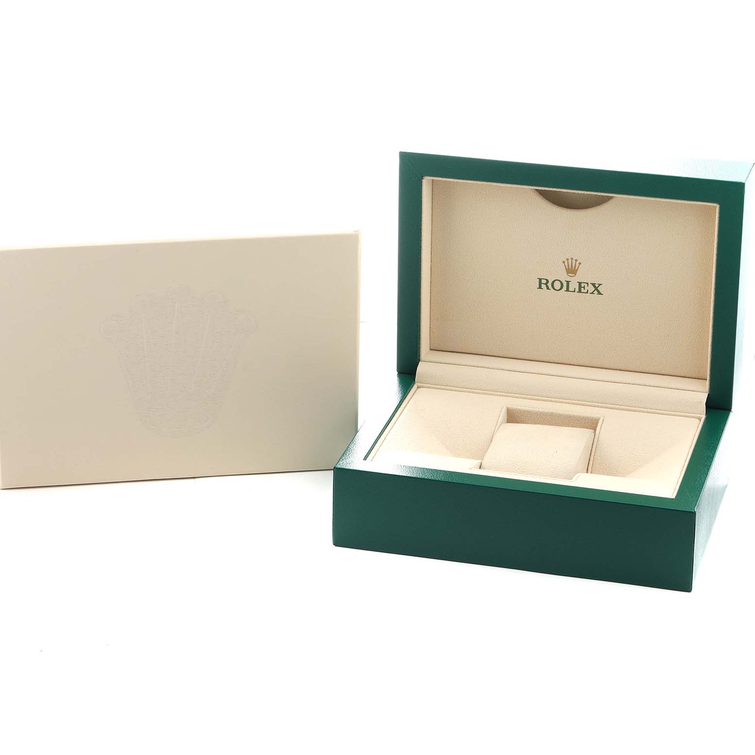 The image shows an open Rolex Explorer 214270 Men's Stainless Steel Black Dial watch box at an angle, revealing the interior with branding and compartments.