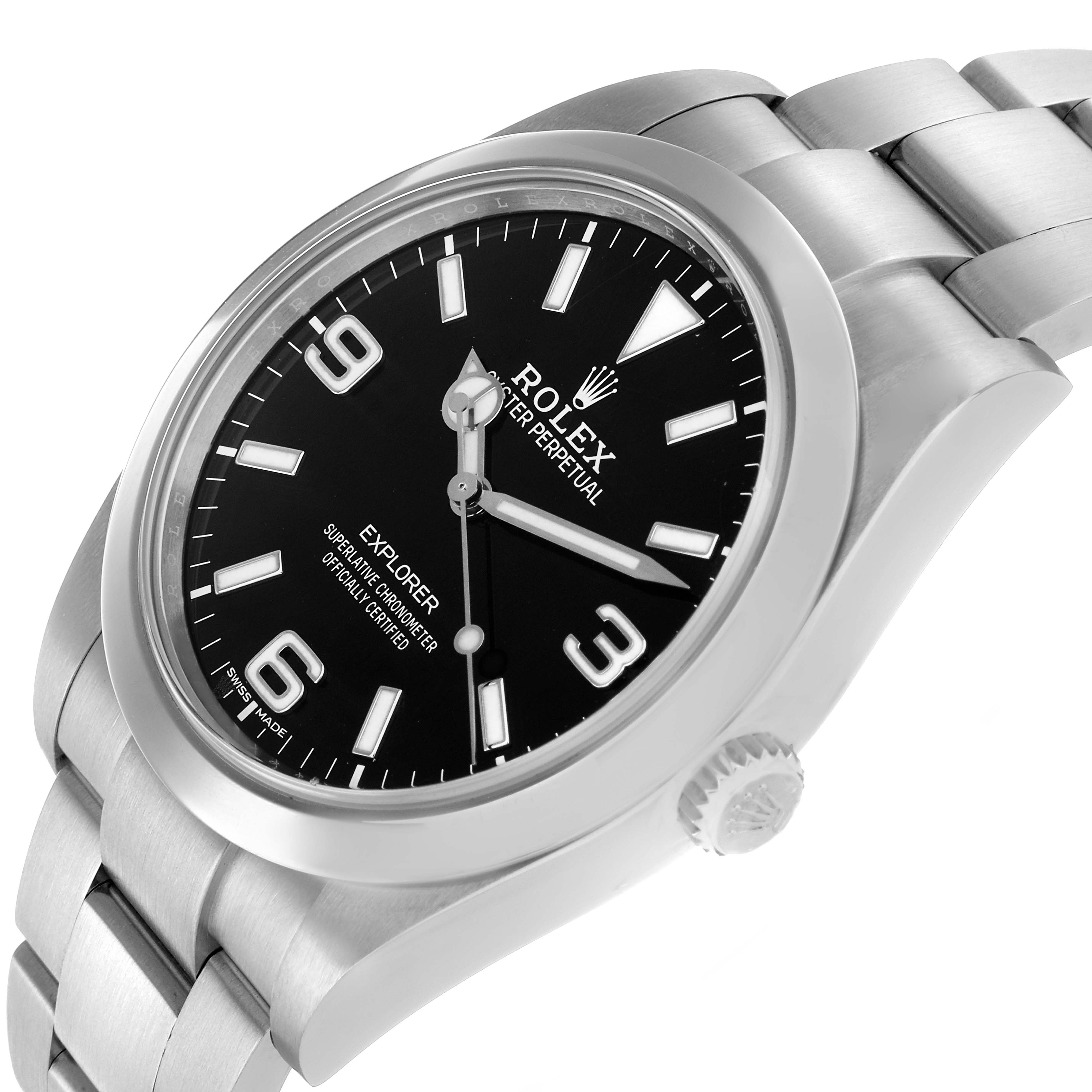 The Rolex Explorer 214270 Men's Stainless Steel Black Dial watch is shown at an angled view, highlighting the dial, bezel, crown, and part of the bracelet.