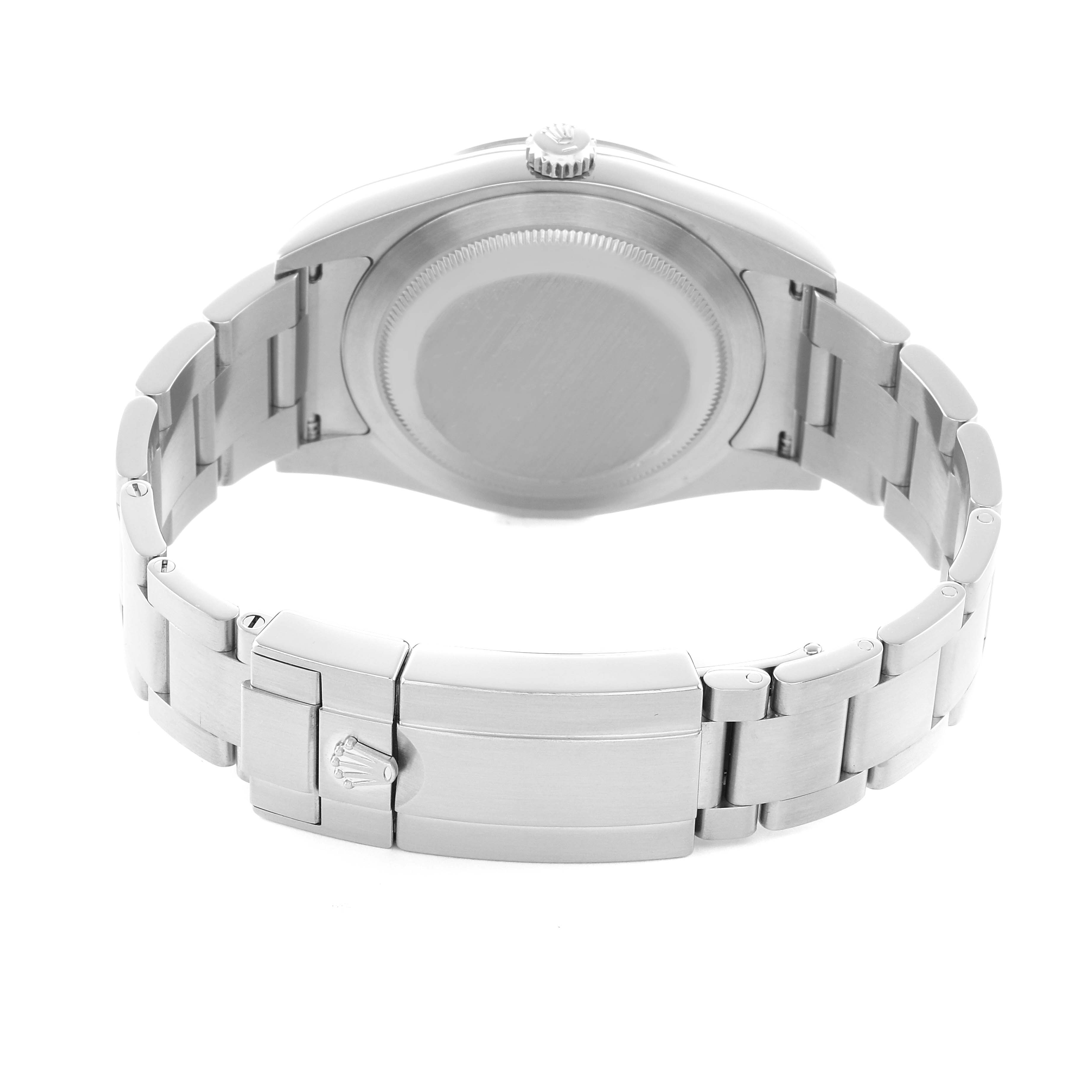 The image shows the back view of a Rolex Explorer 214270 Men's Stainless Steel Black Dial watch, focusing on the bracelet and clasp.