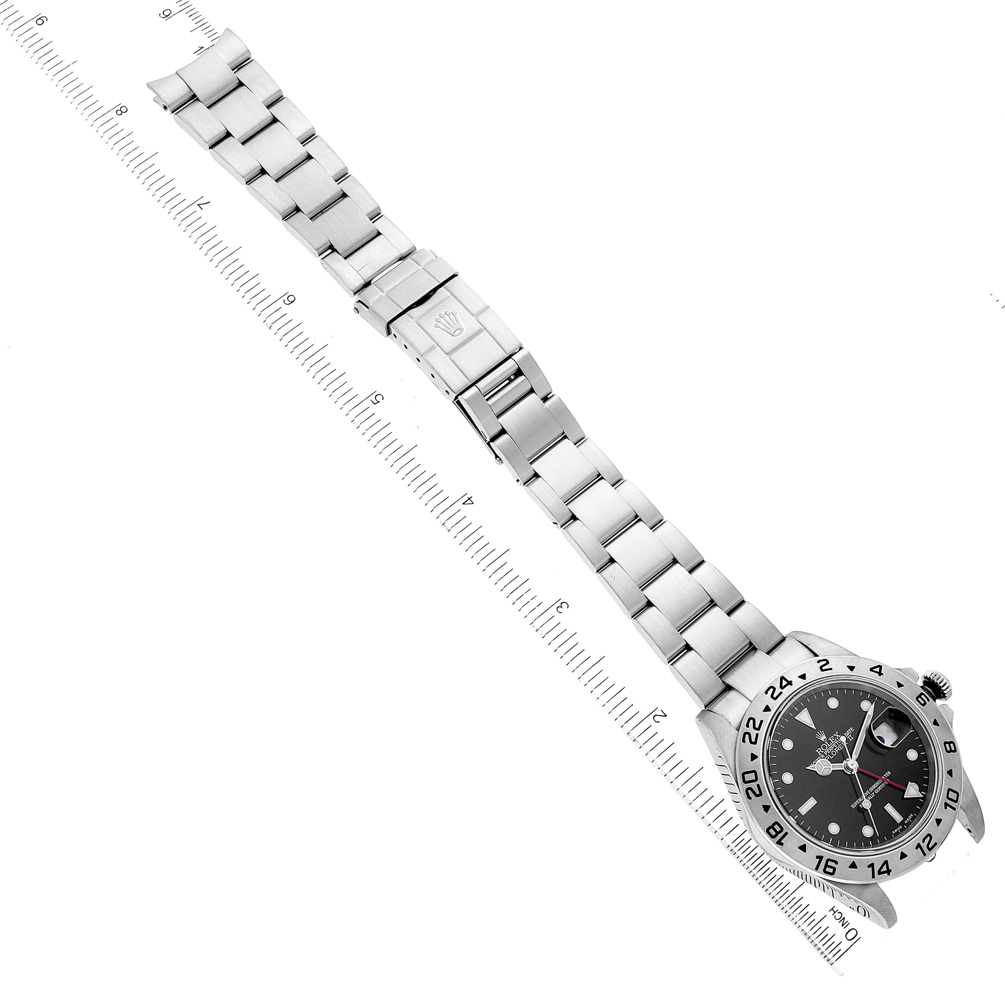 The image shows a Rolex Explorer 16570 Men
s Stainless Steel Black Dial 16570 Men
s Stainless Steel Black Dial model watch angled diagonally, displaying the bracelet, clasp, and face with ruler measurements.