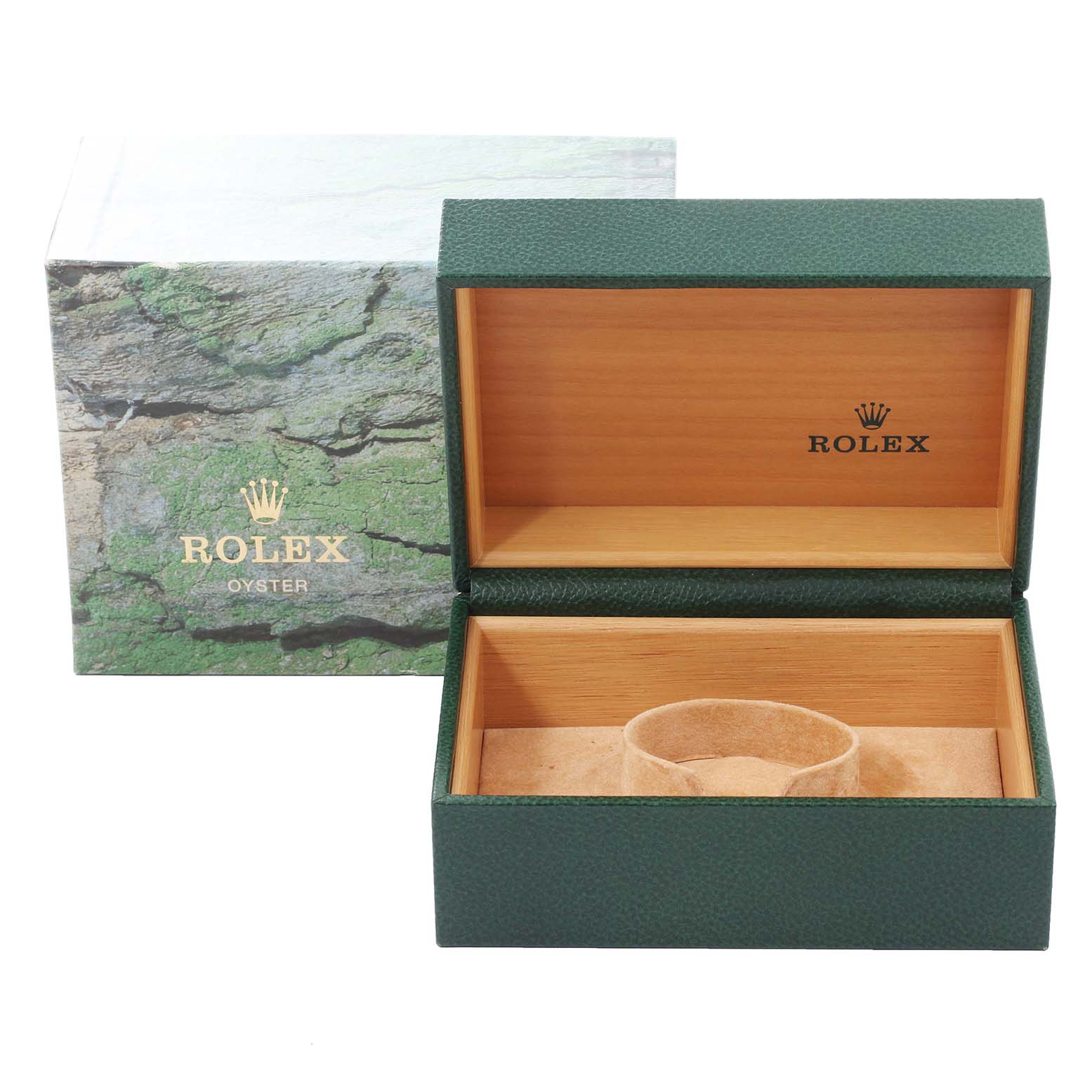 The image shows an open green Rolex box, presumably for the Explorer model, with an outer cardboard box in the background.