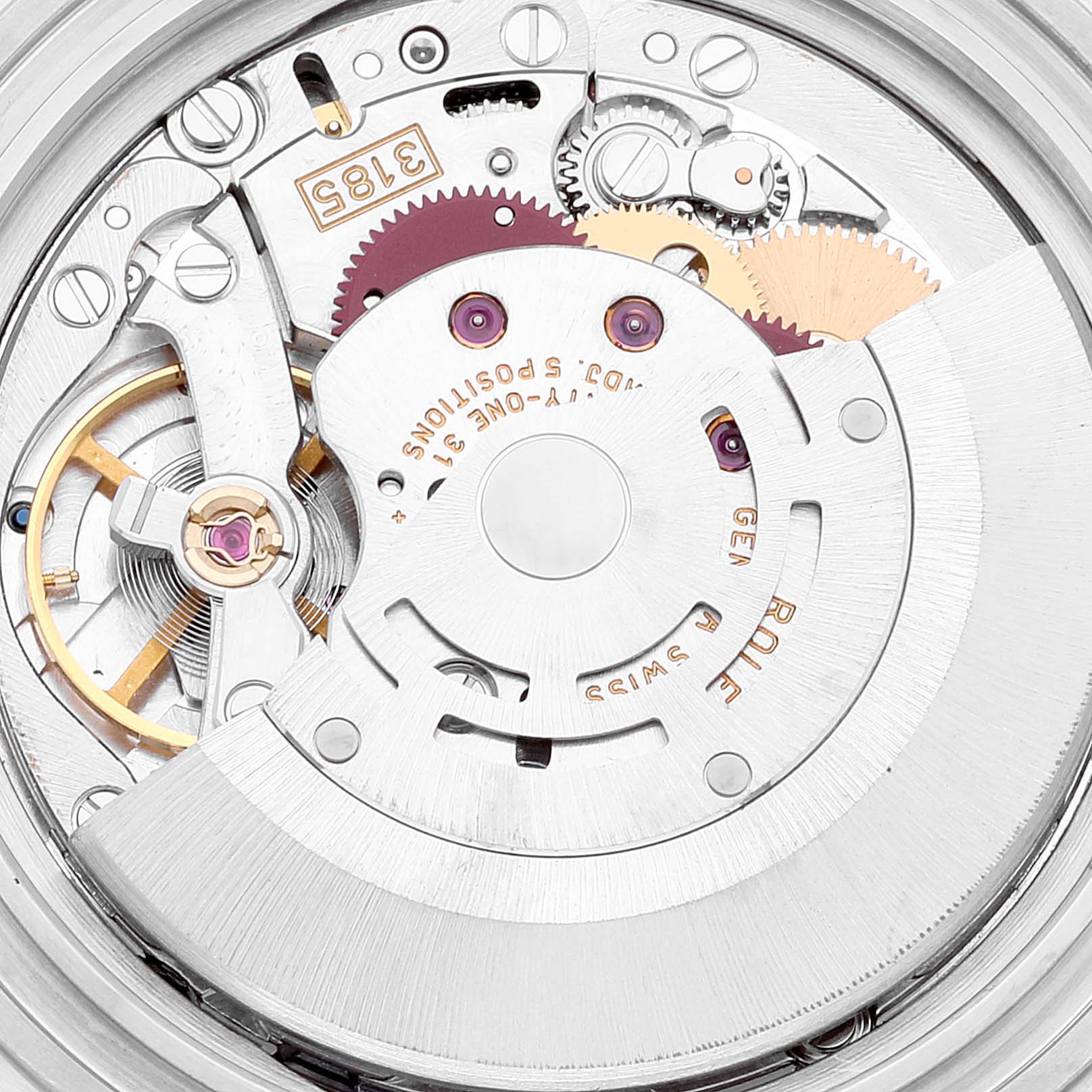 The image shows the movement mechanism of a Rolex Explorer 16570 Men
s Stainless Steel Black Dial 16570 Men
s Stainless Steel Black Dial watch, highlighting the gears, balance wheel, and marked components.