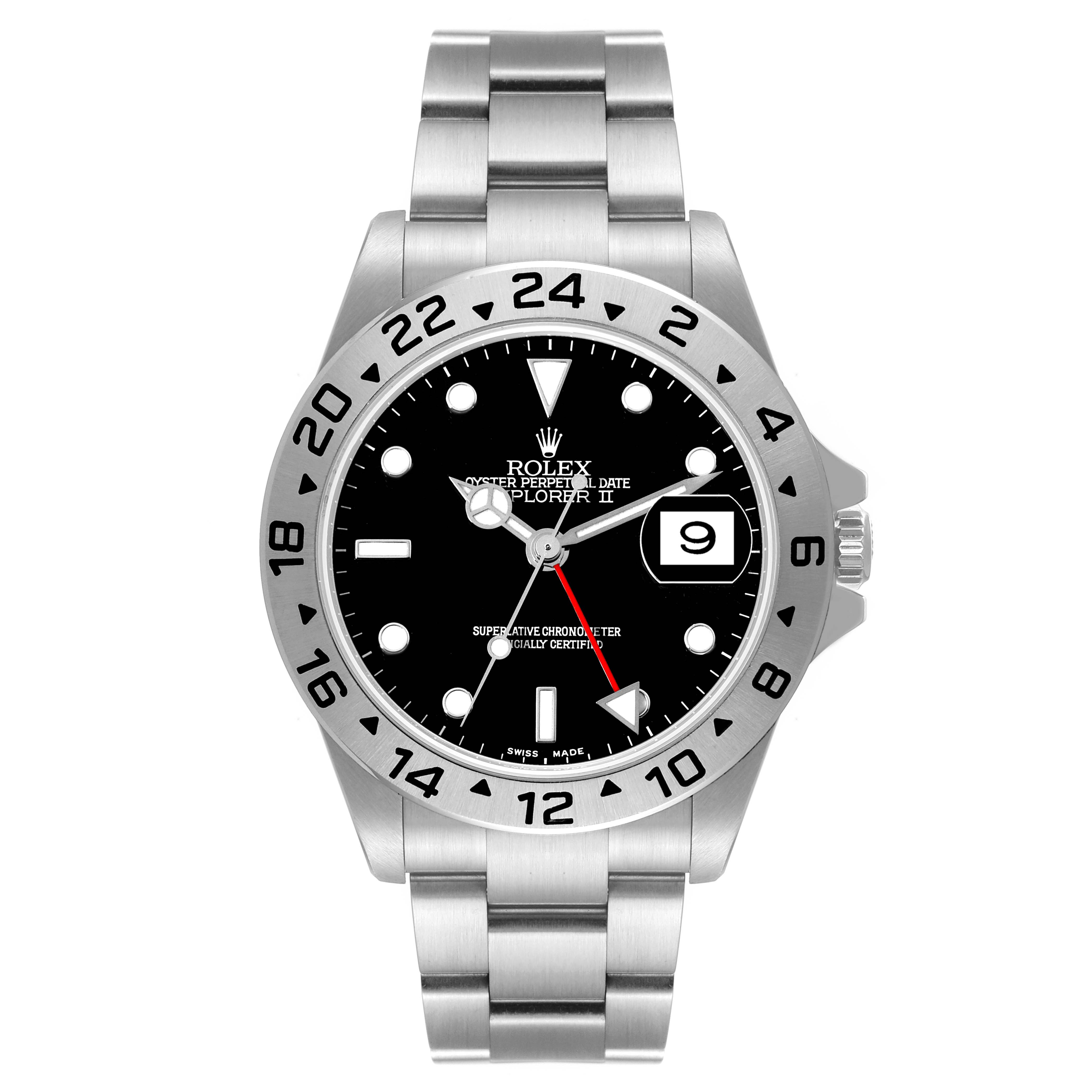 The Rolex Explorer 16570 Men
s Stainless Steel Black Dial 16570 Men
s Stainless Steel Black Dial watch is shown from a front angle, displaying the face, bezel, date window, and bracelet.