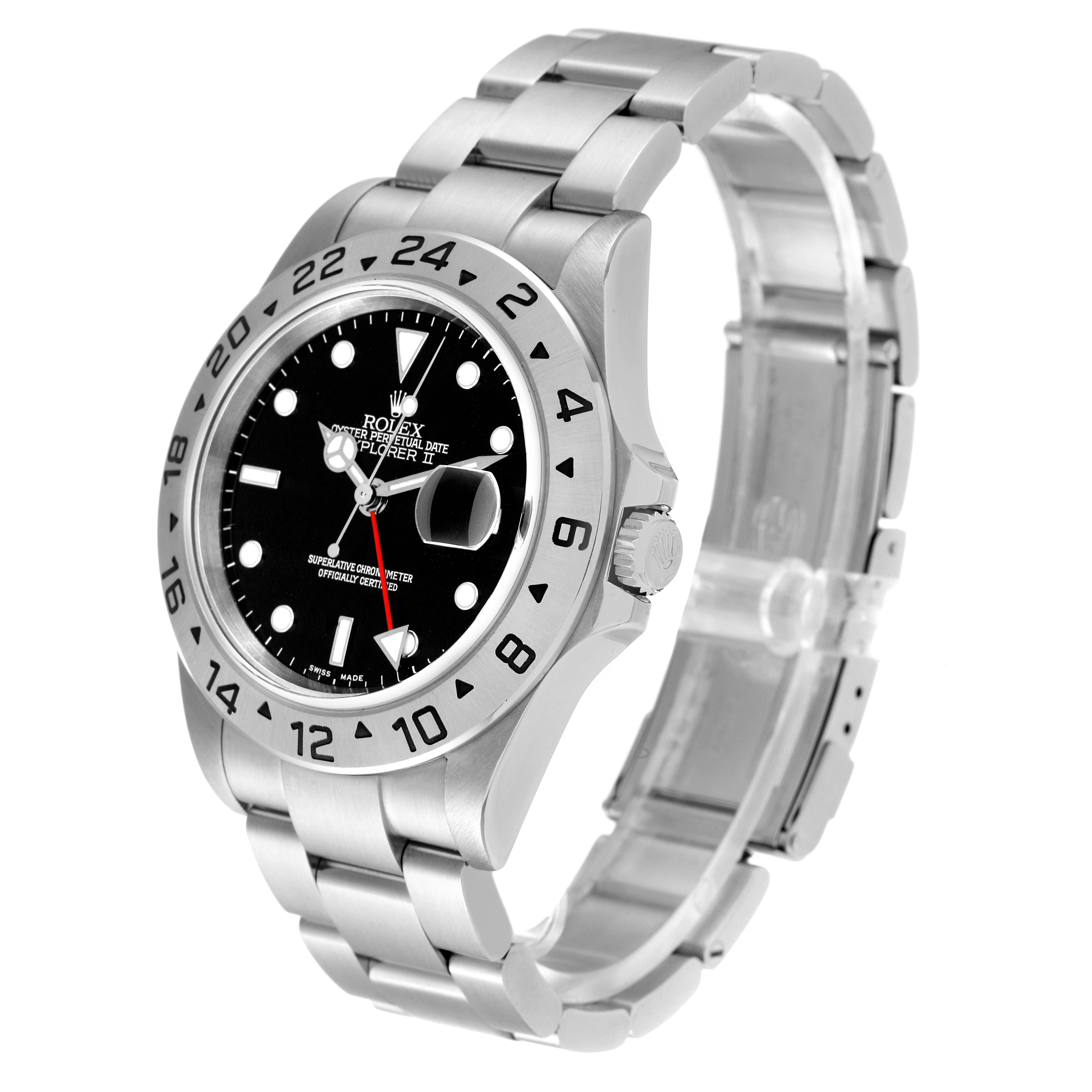 The image shows a side angle of the Rolex Explorer 16570 Men
s Stainless Steel Black Dial 16570 Men
s Stainless Steel Black Dial watch, highlighting the bezel, dial, bracelet, and clasp.