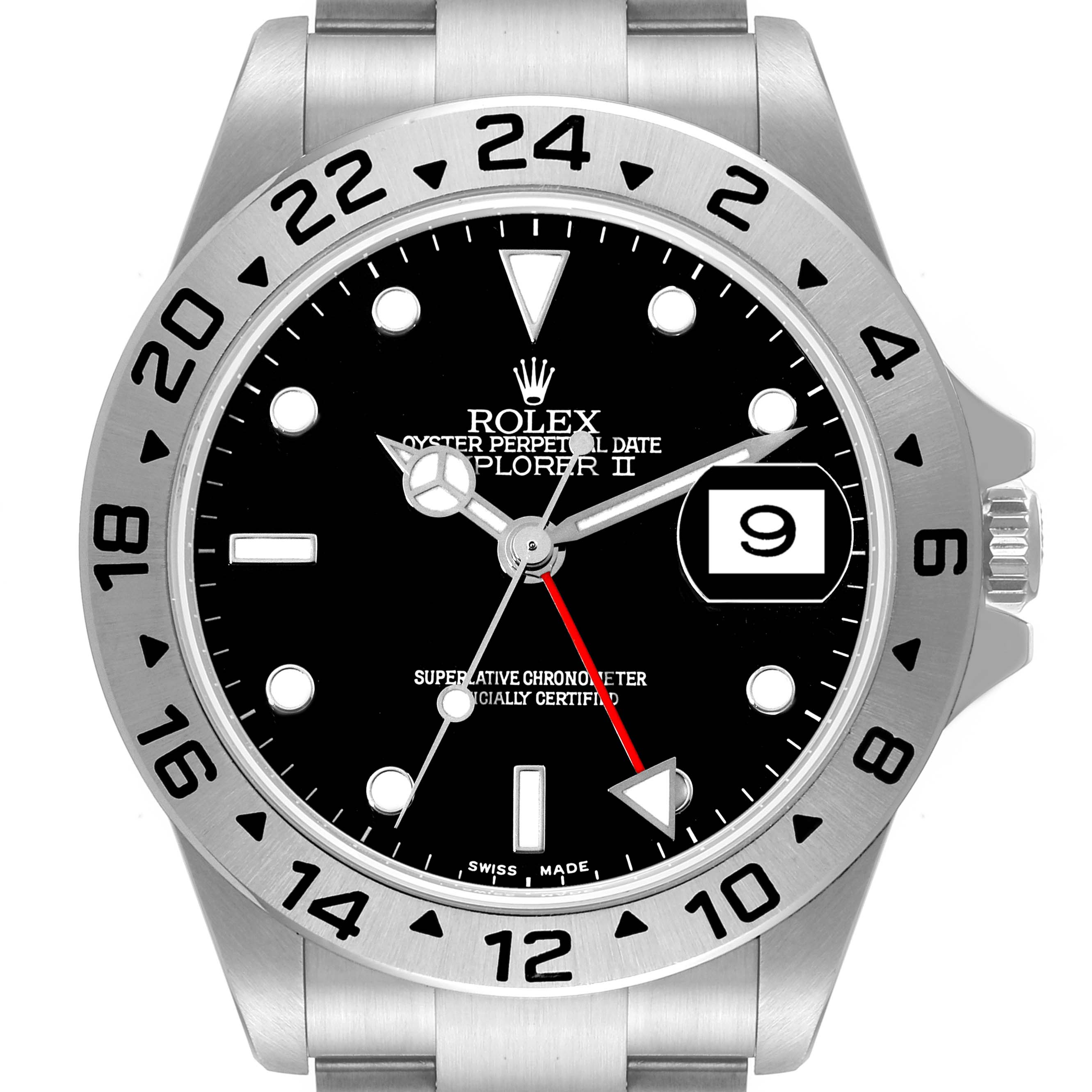 The image shows the front view of a Rolex Explorer 16570 Men
s Stainless Steel Black Dial 16570 Men
s Stainless Steel Black Dial watch, displaying the dial, bezel, and part of the bracelet.