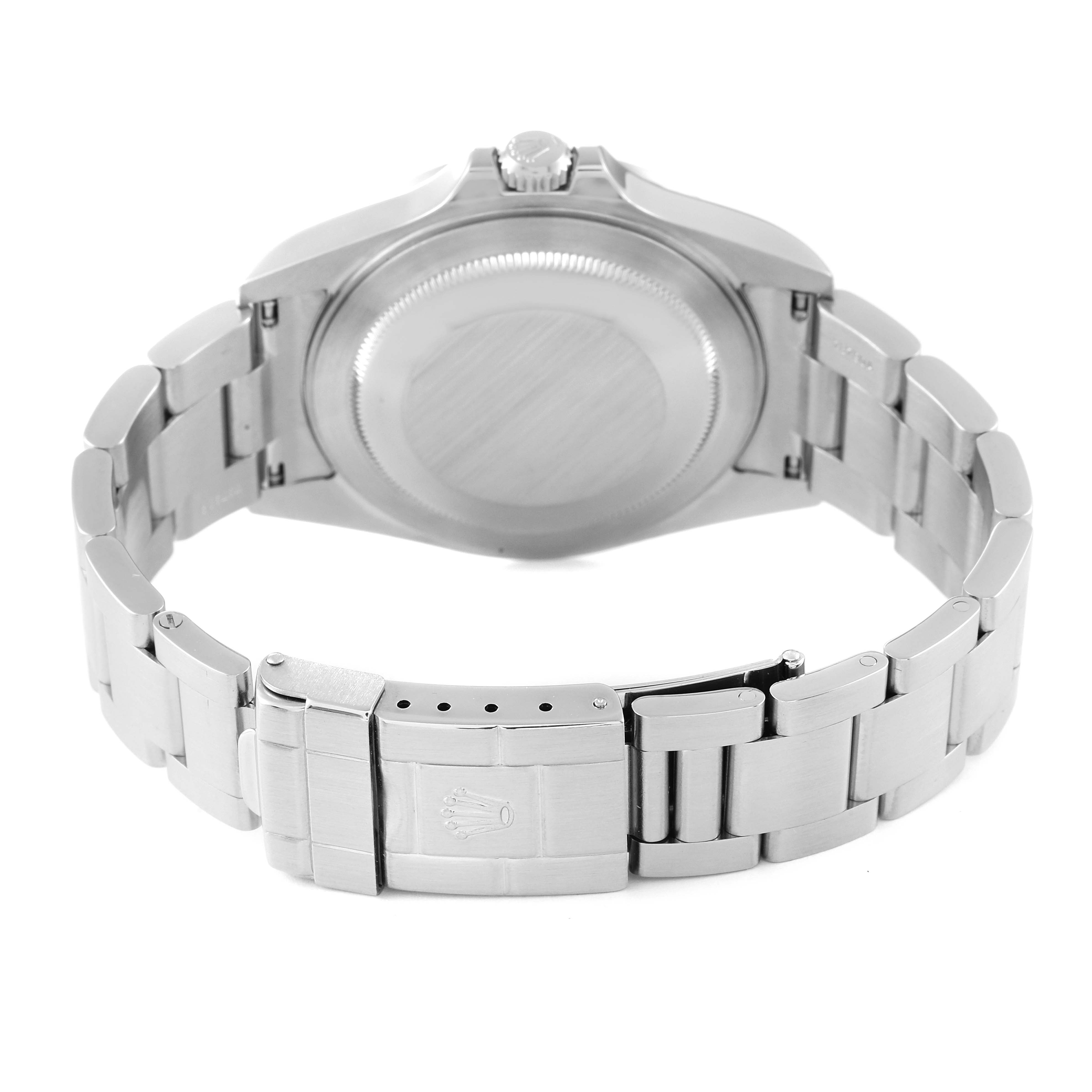 This image shows the back case and bracelet clasp of a Rolex Explorer 16570 Men
s Stainless Steel Black Dial 16570 Men
s Stainless Steel Black Dial watch.