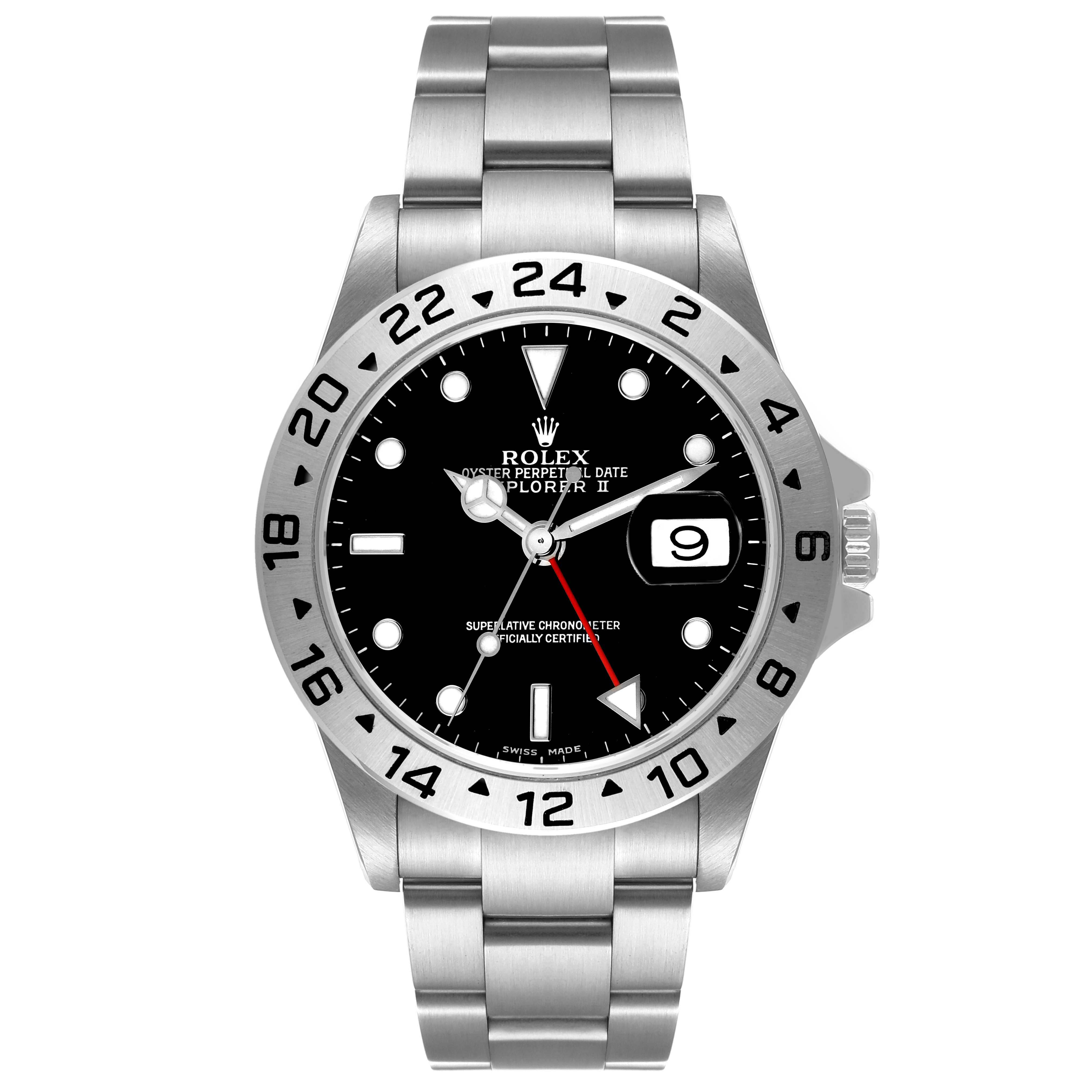 This is a front view of a Rolex Explorer 16570 Men
s Stainless Steel Black Dial 16570 Men
s Stainless Steel Black Dial watch, showing the dial, bezel, date window, and metal bracelet.