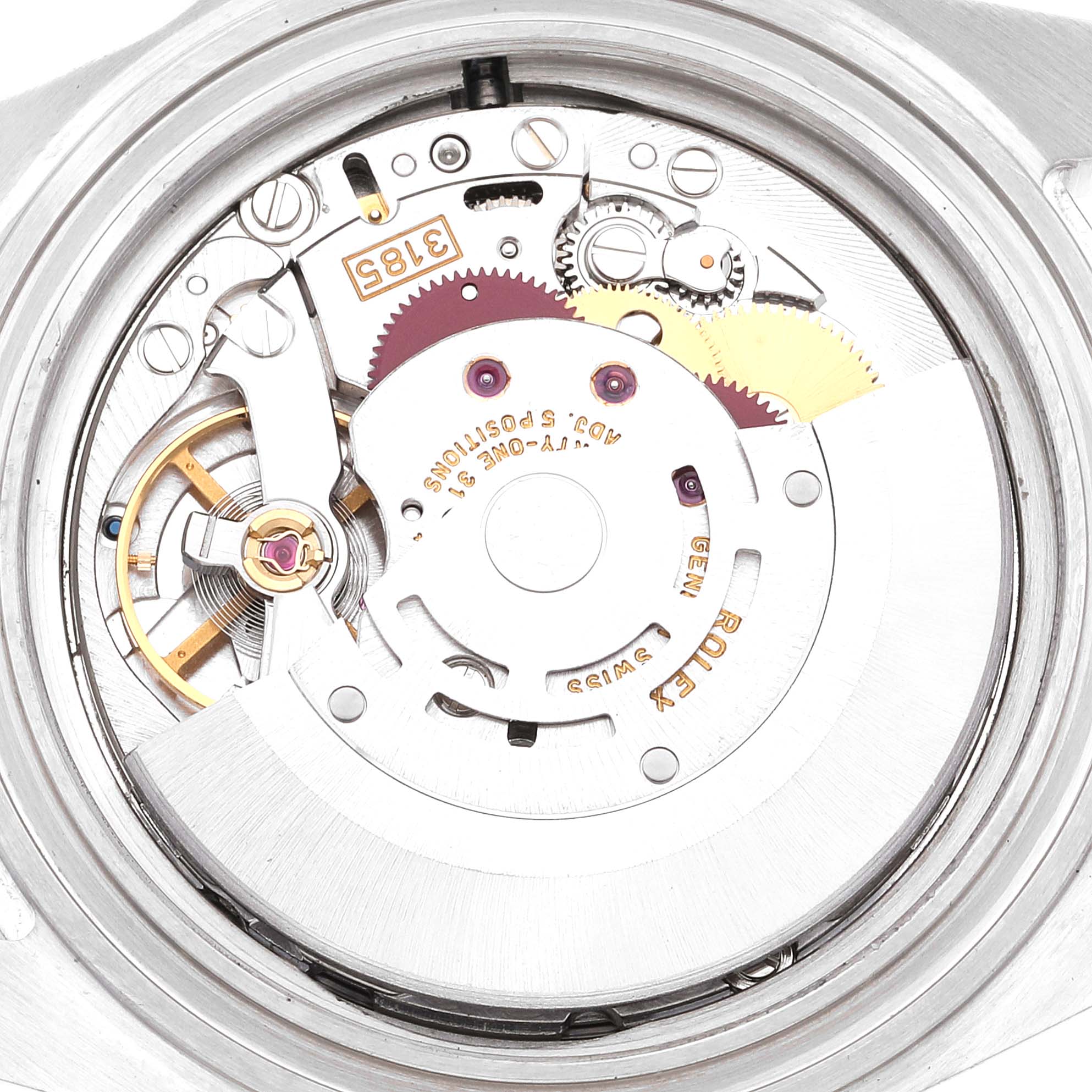This image shows the internal mechanism of a Rolex Explorer 16570 Men
s Stainless Steel Black Dial 16570 Men
s Stainless Steel Black Dial watch, highlighting the gears and movement components.