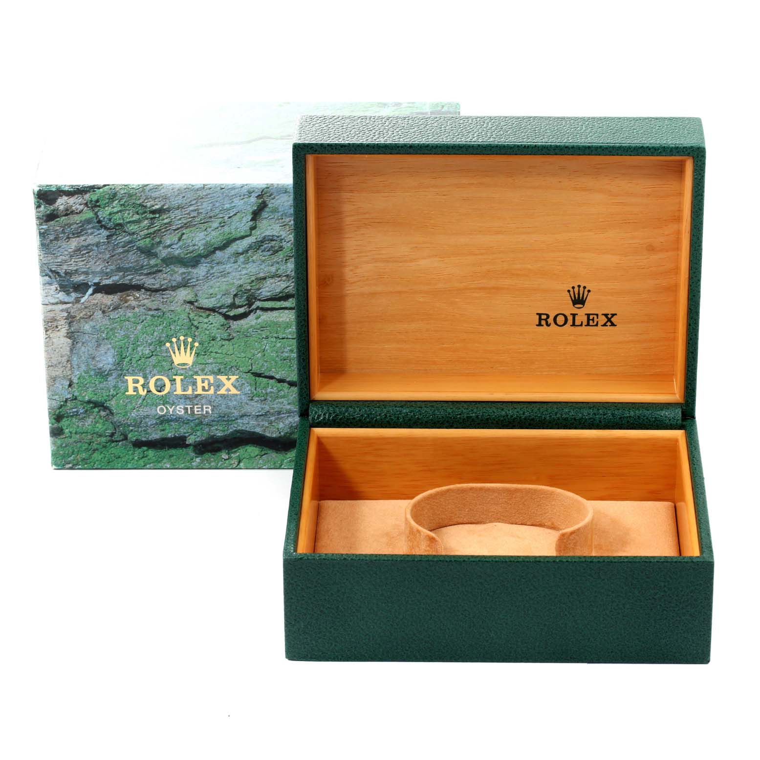 The image shows an open Rolex Explorer 16570 Men
s Stainless Steel Black Dial 16570 Men
s Stainless Steel Black Dial watch box with green exterior and wooden interior, alongside its outer packaging.