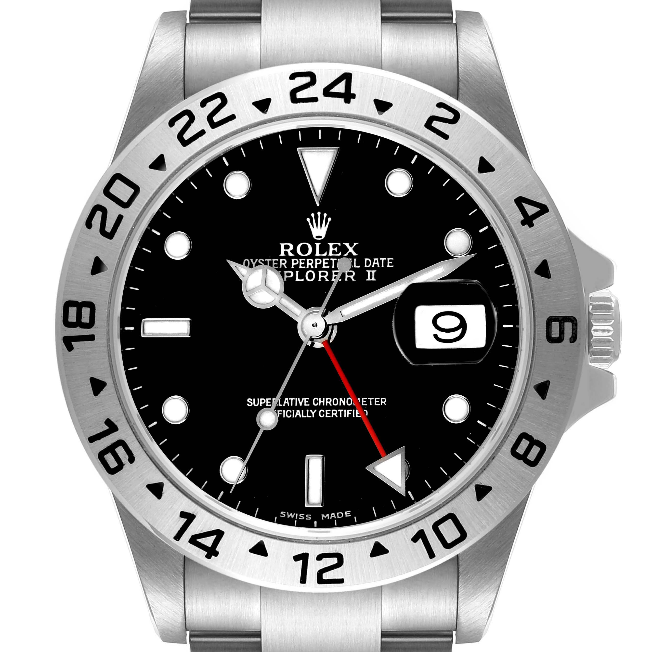 This image shows a front angle of the Rolex Explorer 16570 Men
s Stainless Steel Black Dial 16570 Men
s Stainless Steel Black Dial watch, highlighting the face, bezel, crown, and bracelet.