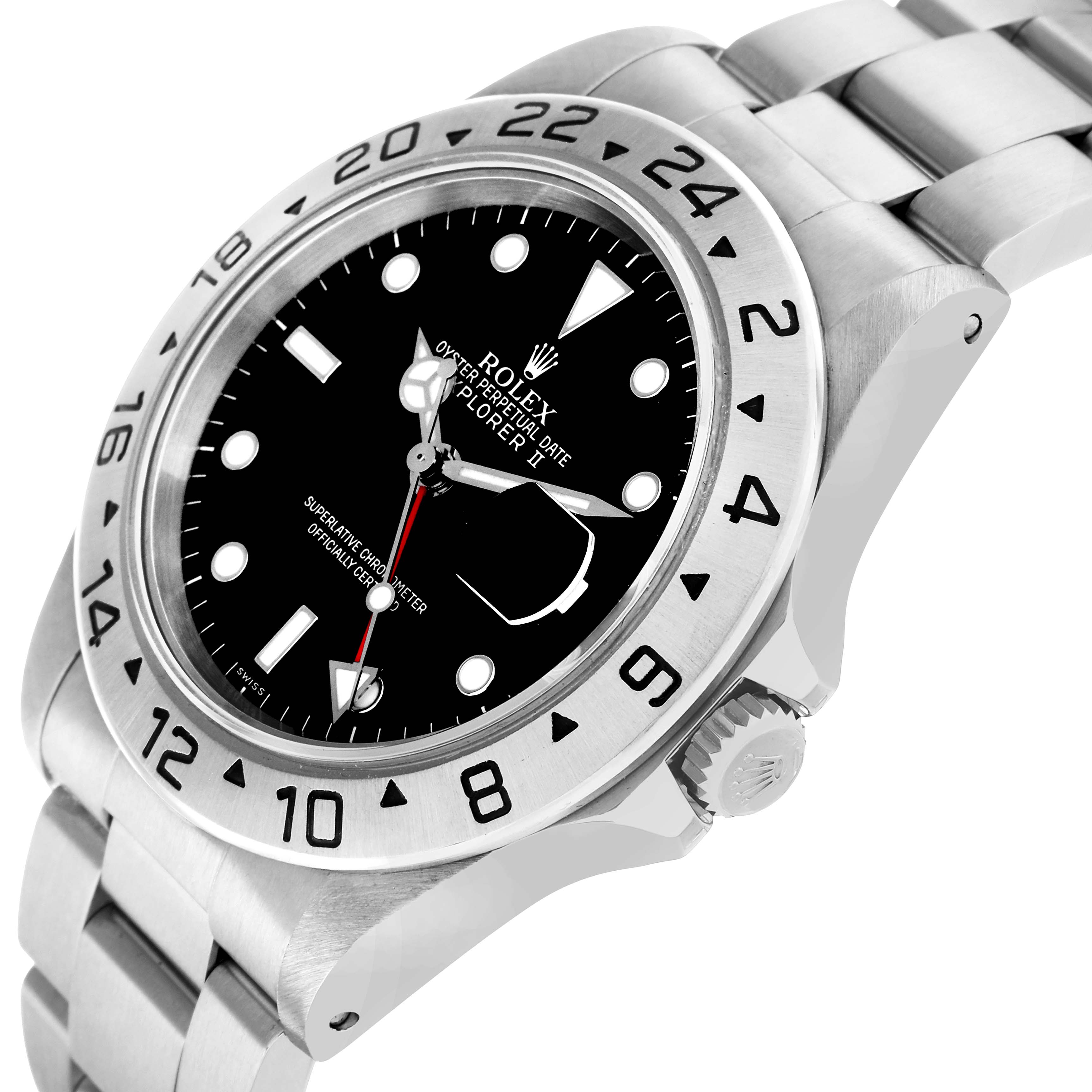 The Rolex Explorer 16570 Men
s Stainless Steel Black Dial II watch is shown at a three-quarter angle, highlighting the face, bezel, crown, and bracelet.