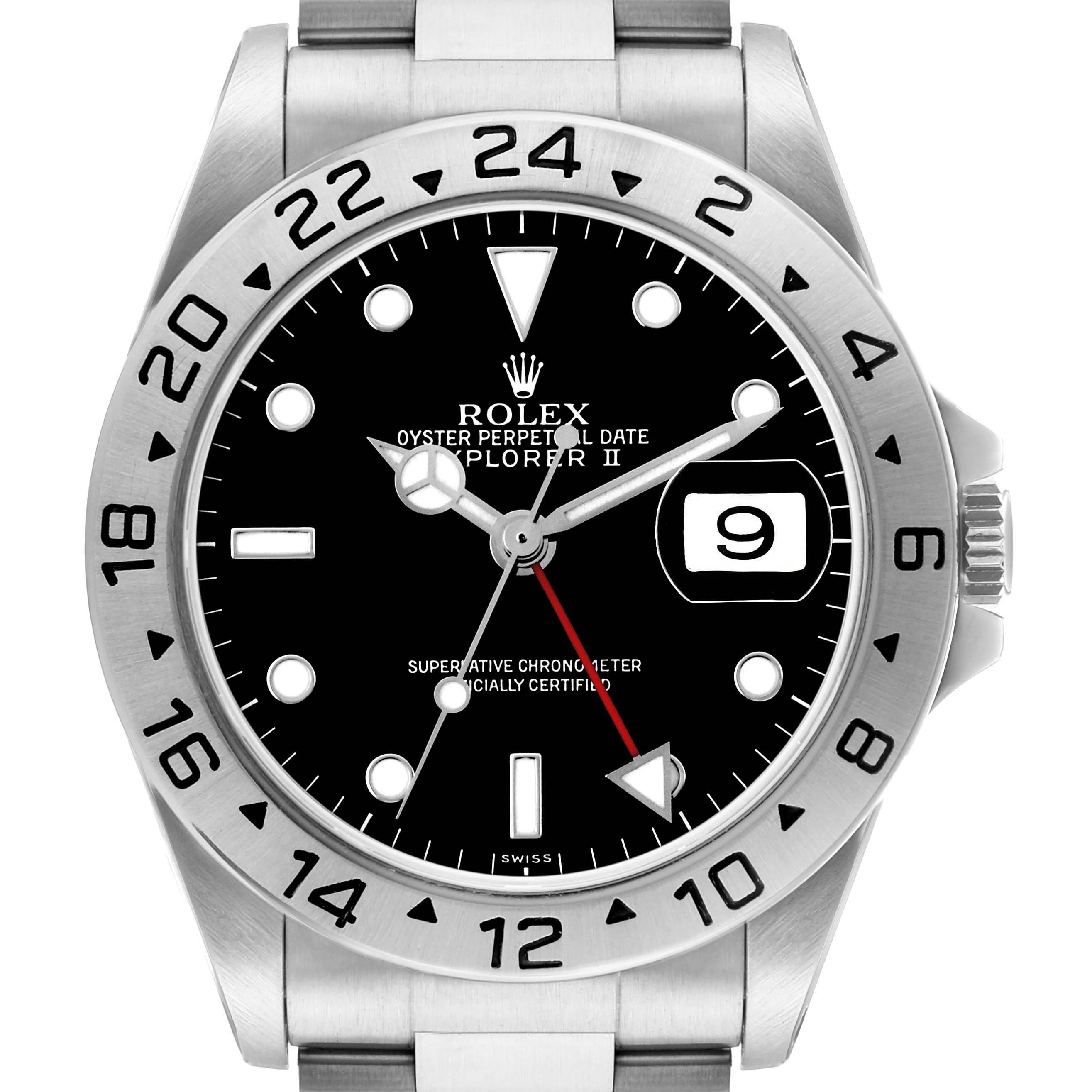 The Rolex Explorer 16570 Men
s Stainless Steel Black Dial II watch is shown from a front angle, displaying the dial, bezel, and part of the bracelet.